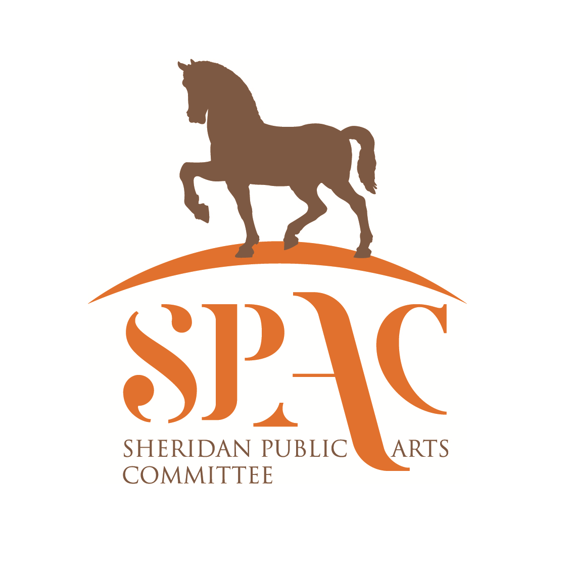 Logo of Sheridan Public Arts Committee with large, bold black letters spelling 'SPAC' and smaller black text 'Sheridan Public Arts Committee' over a light blue background.