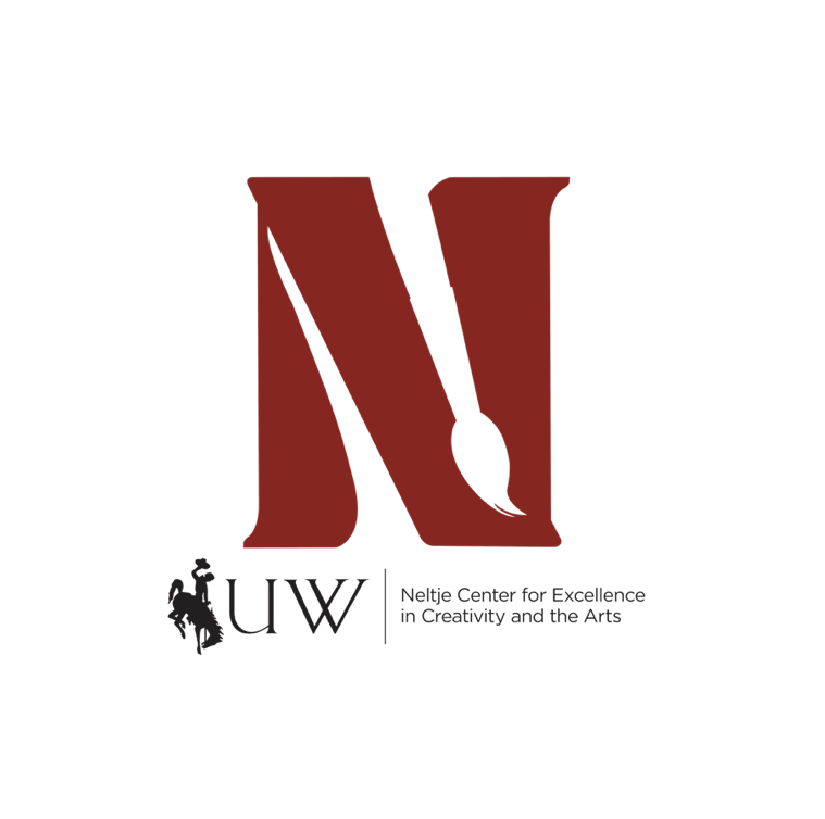 Bright abstract background with a central orange circle containing black text that reads 'UW Neltje Center' and a silhouette of a person riding a horse.