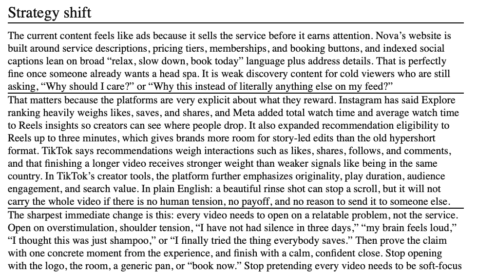 A printed article discussing strategy shifts in digital content and social media platforms, emphasizing authenticity, audience engagement, and platform algorithms.