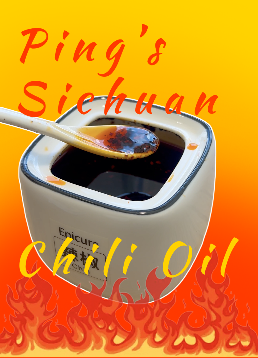 A container of chili oil with a spoon resting in it, set against a yellow to orange gradient background with flames and the text 'Ping's Sichuan chili oil' in red and yellow.