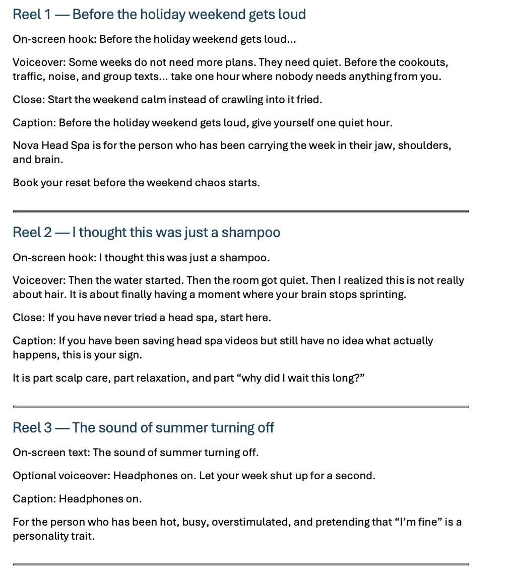 Screenshots of three reels with text content about relaxation, head spas, and turning off summer sounds, with on-screen hooks, voiceovers, and captions.