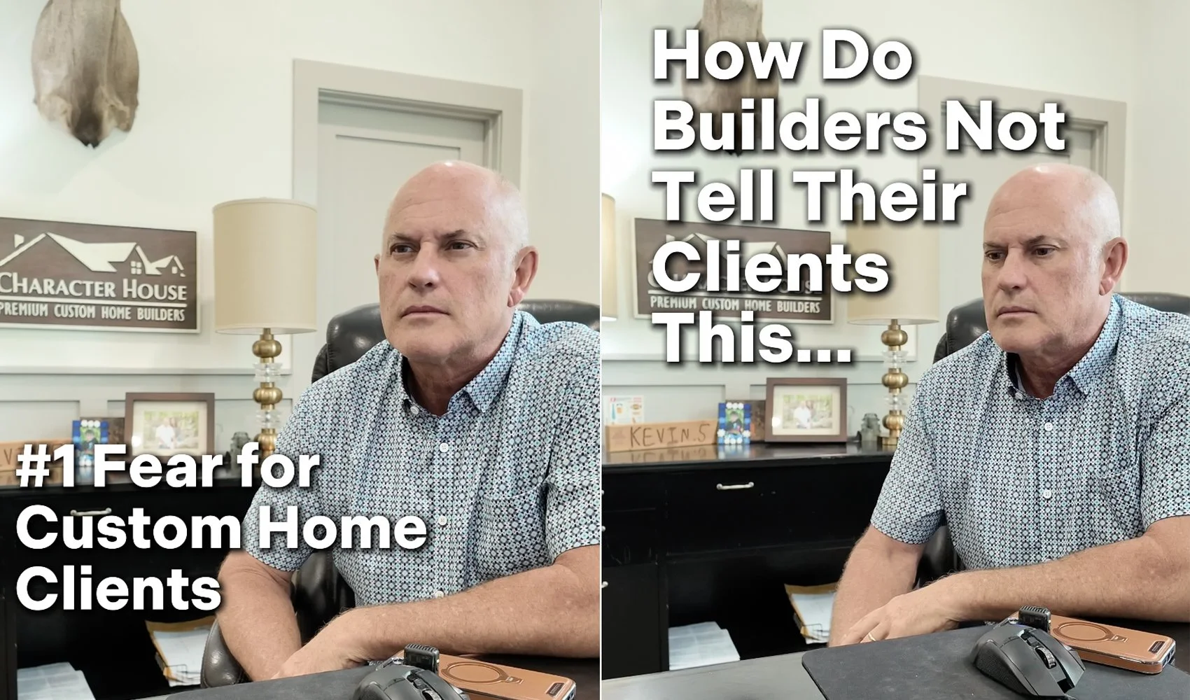 A man sitting at a desk in an office, with text overlayed that reads: 'How Do Builders Not Tell Their Clients This... #1 Fear for Custom Home Clients'.