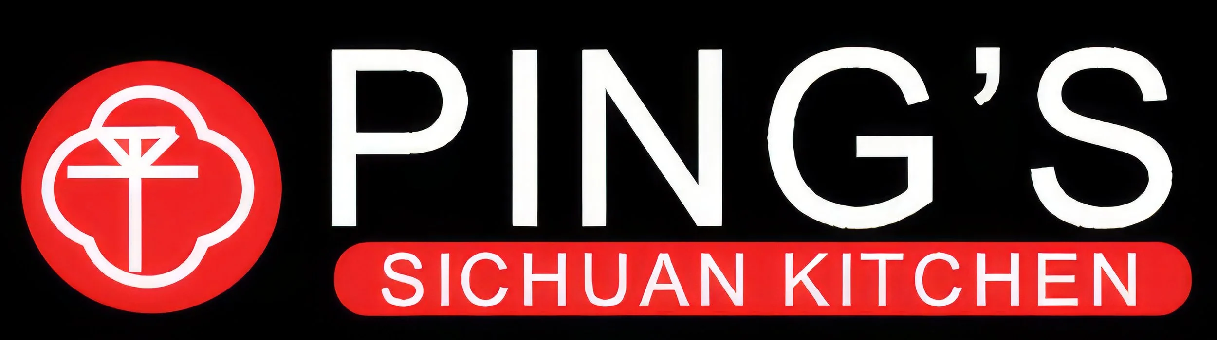 Neon sign for Pings Sichuan Kitchen with a red logo and white text on a black background.