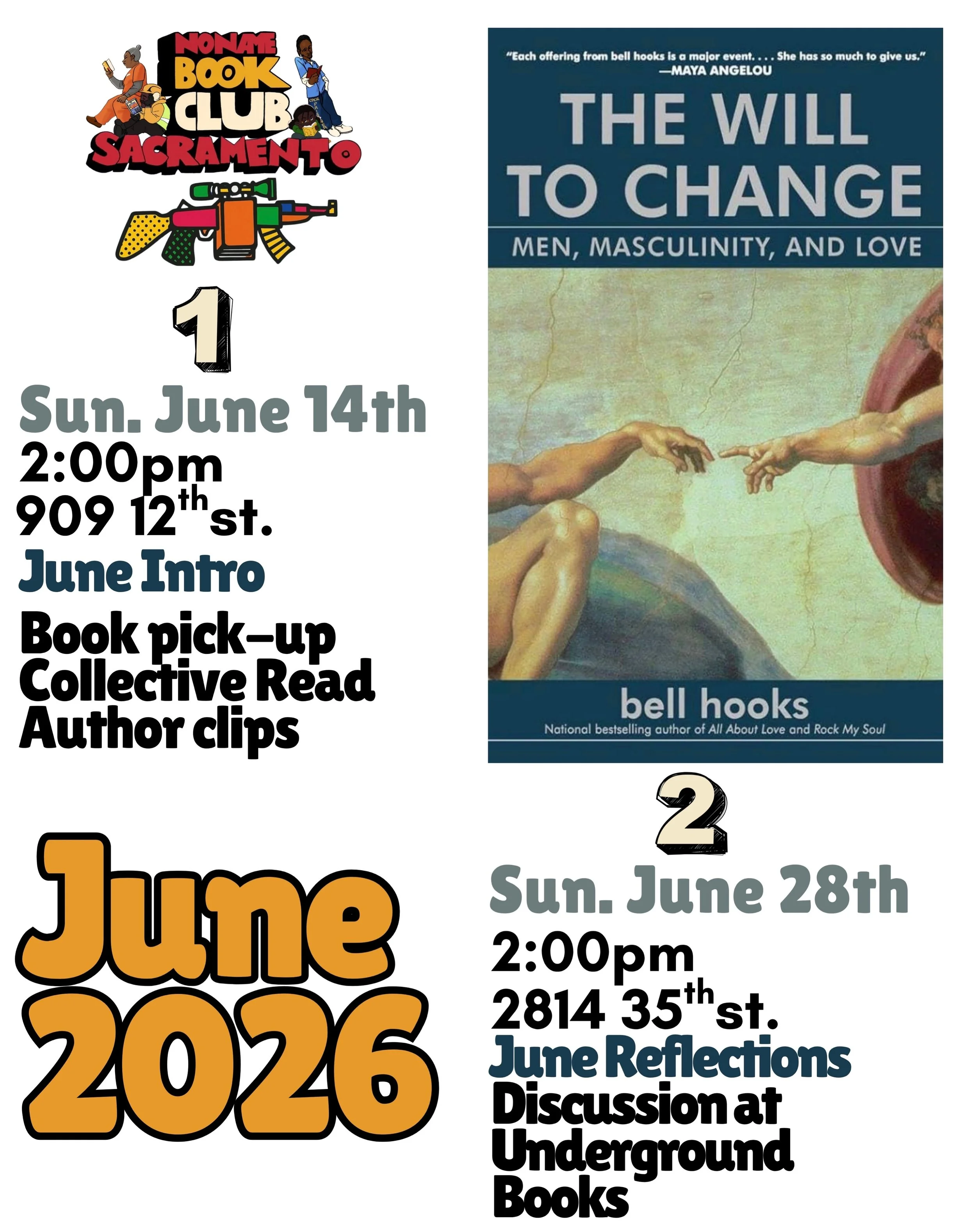 #Sacramento #turtle island🐢 Please join @nonamebookclubsacramento twice this month to read  our June 2026 @nonamereads book - The Will to Change by Bell Hooks. 📚💡📚 

Intro is second Sunday, June 14th at @crewcollectivesac and discussion will be S