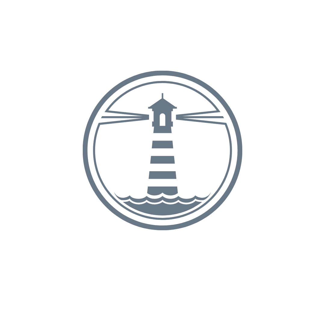 Logo featuring a lighthouse emitting light beams with water waves at the base, enclosed in a circular border.