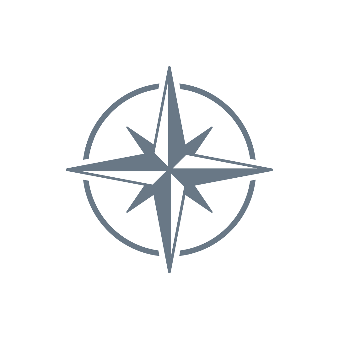 A black and white compass rose symbol with a circular outline and eight pointed arrows radiating outward.