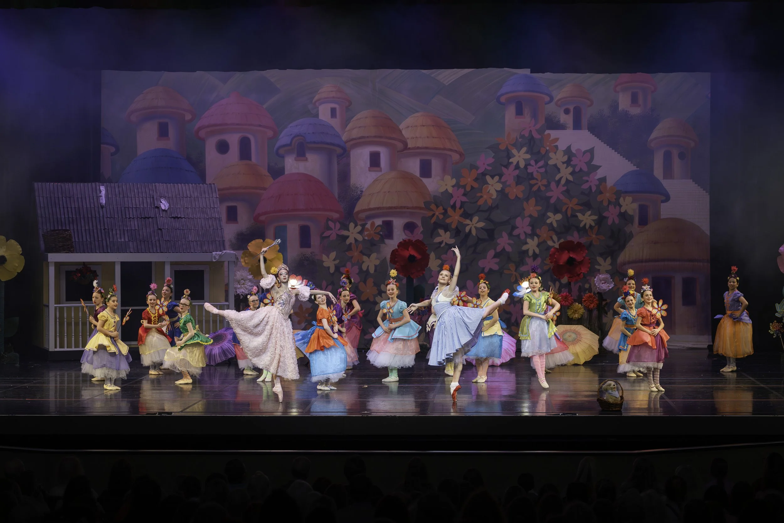 Ballet performance on stage with dancers in colorful costumes, backdrop depicts whimsical village with rounded houses and large flowers.