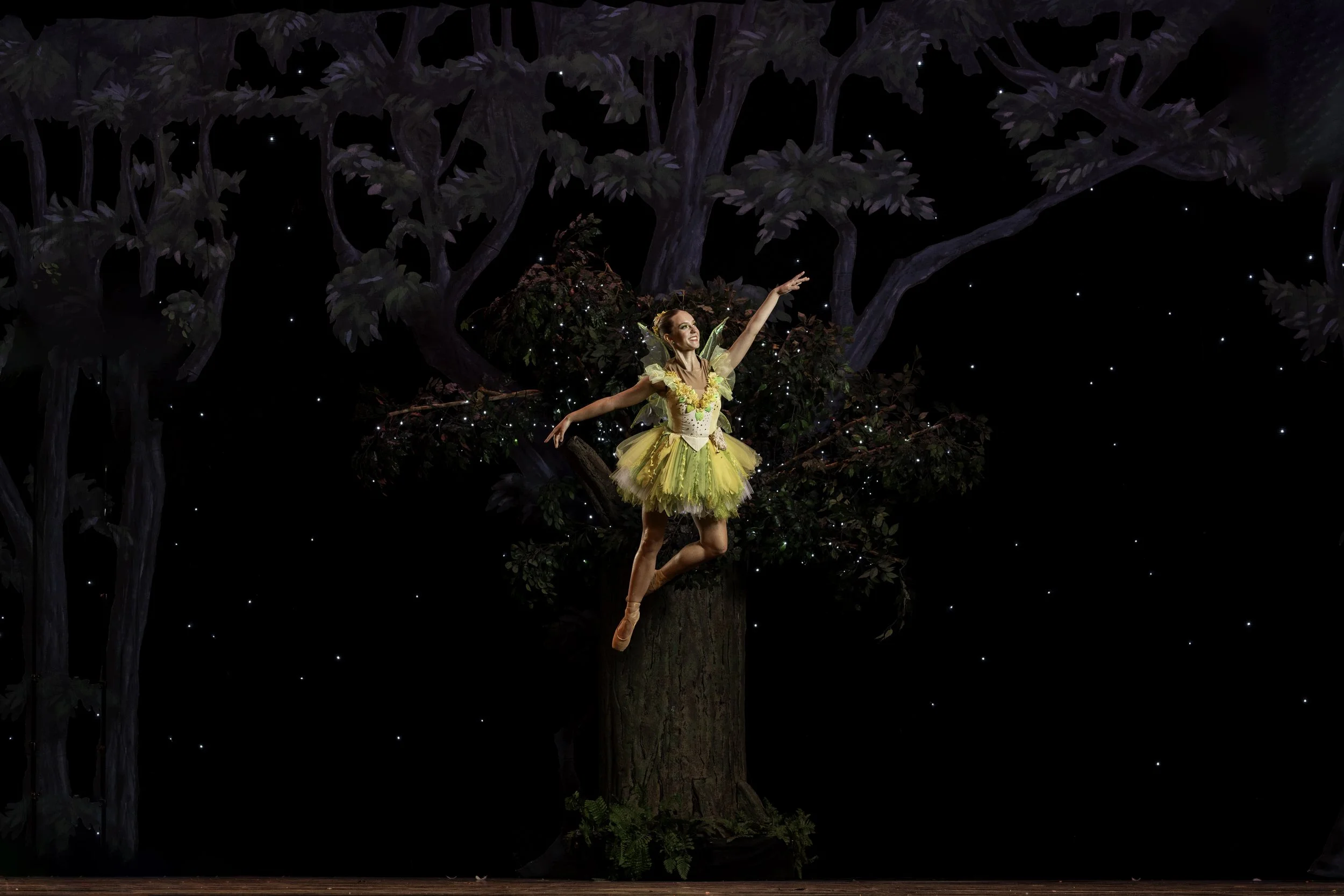 A ballet dancer dressed as Tinker Bell, wearing a yellow tutu, performing on stage with a backdrop of dark stars and painted trees.