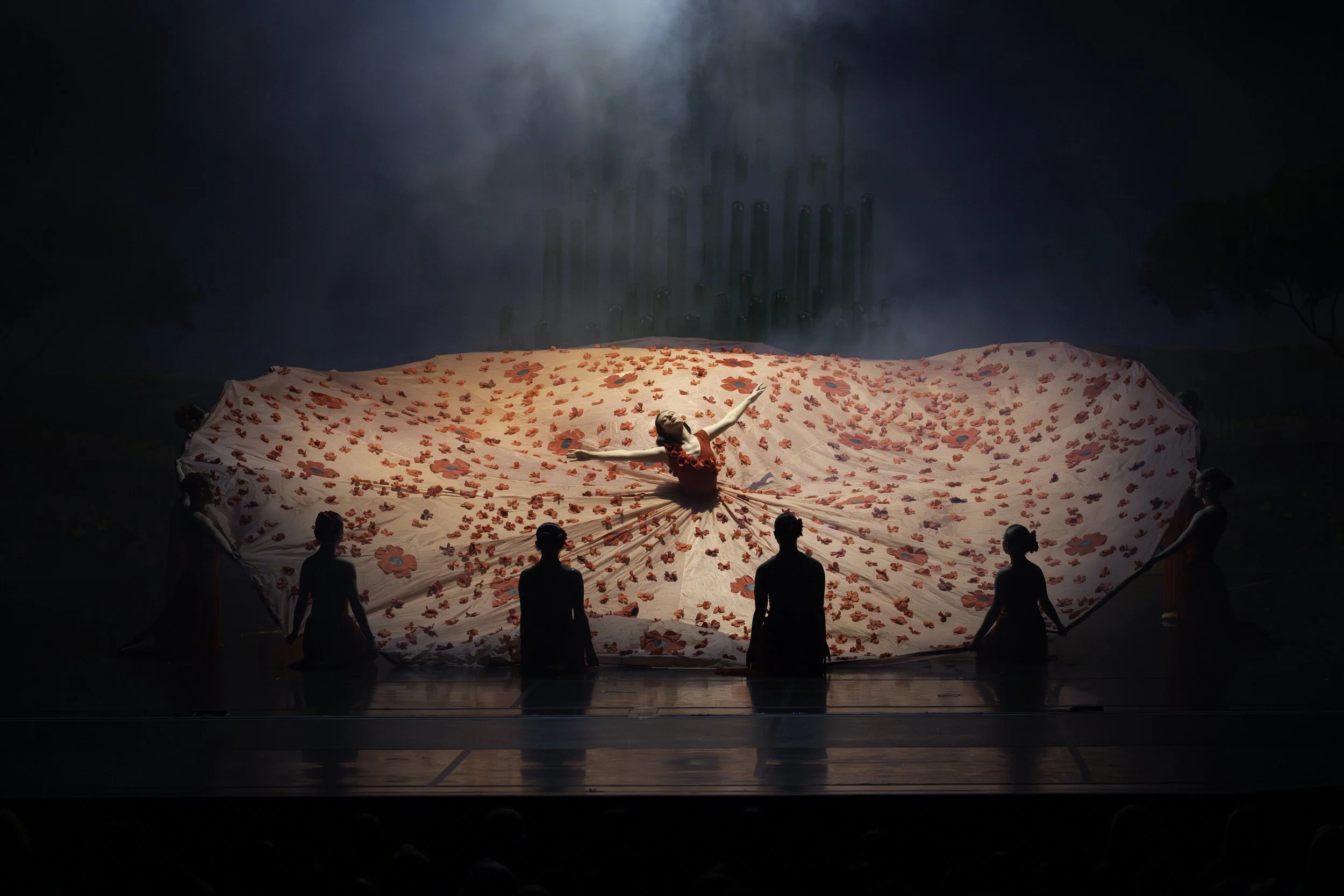 A ballerina in a red dress performing a dance on stage surrounded by six women holding a large, pink, flower-patterned fabric, with a backdrop of a cloudy sky and trees.