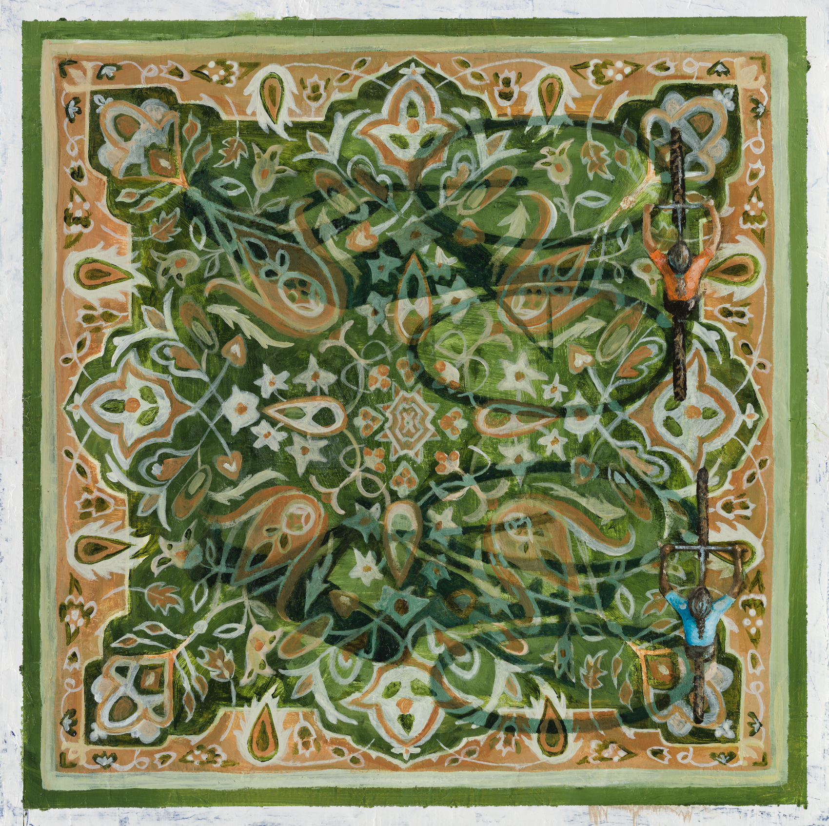 Intricate green and brown Persian-style carpet with two people biking on the edge, featuring floral and geometric patterns.
