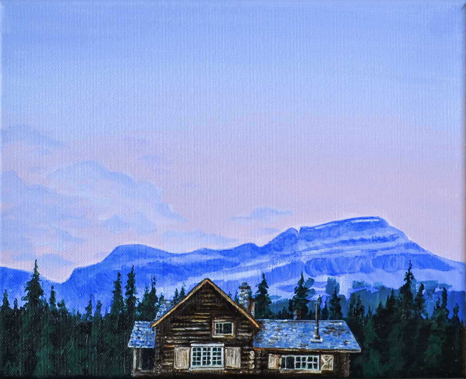 Painting of a rustic cabin in front of a forest and mountain range at dusk.