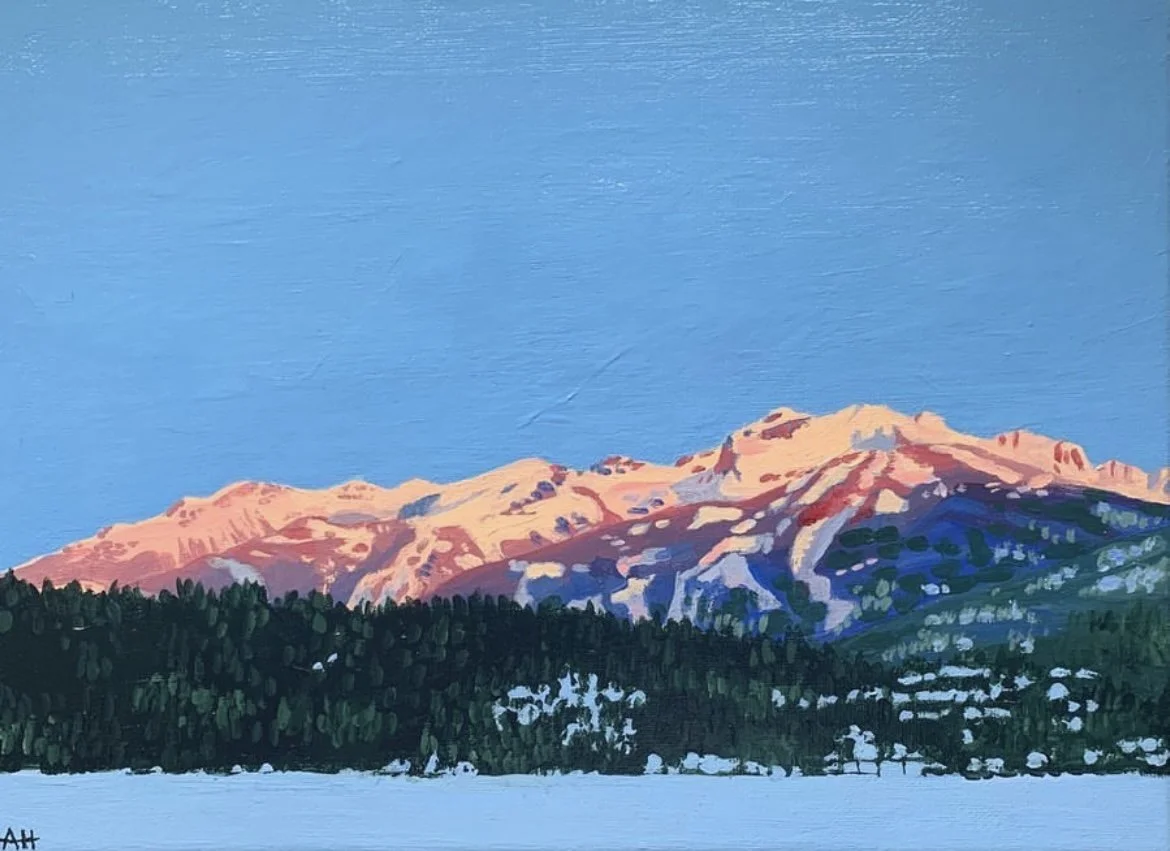 Painting of snow-capped mountains at sunrise with a forest in the foreground.