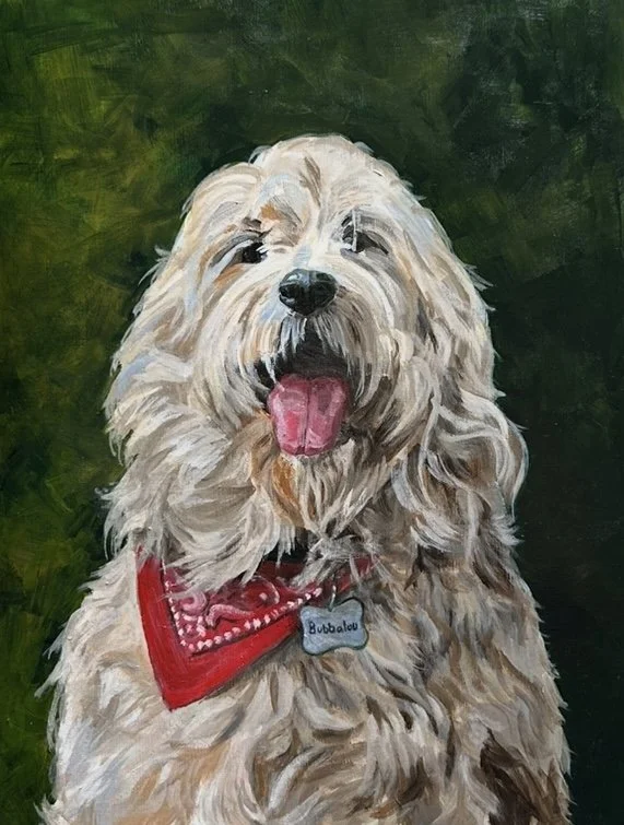 Painting of a fluffy dog wearing a red bandana, identified by a tag labeled "Bubbalou," with a dark green background.