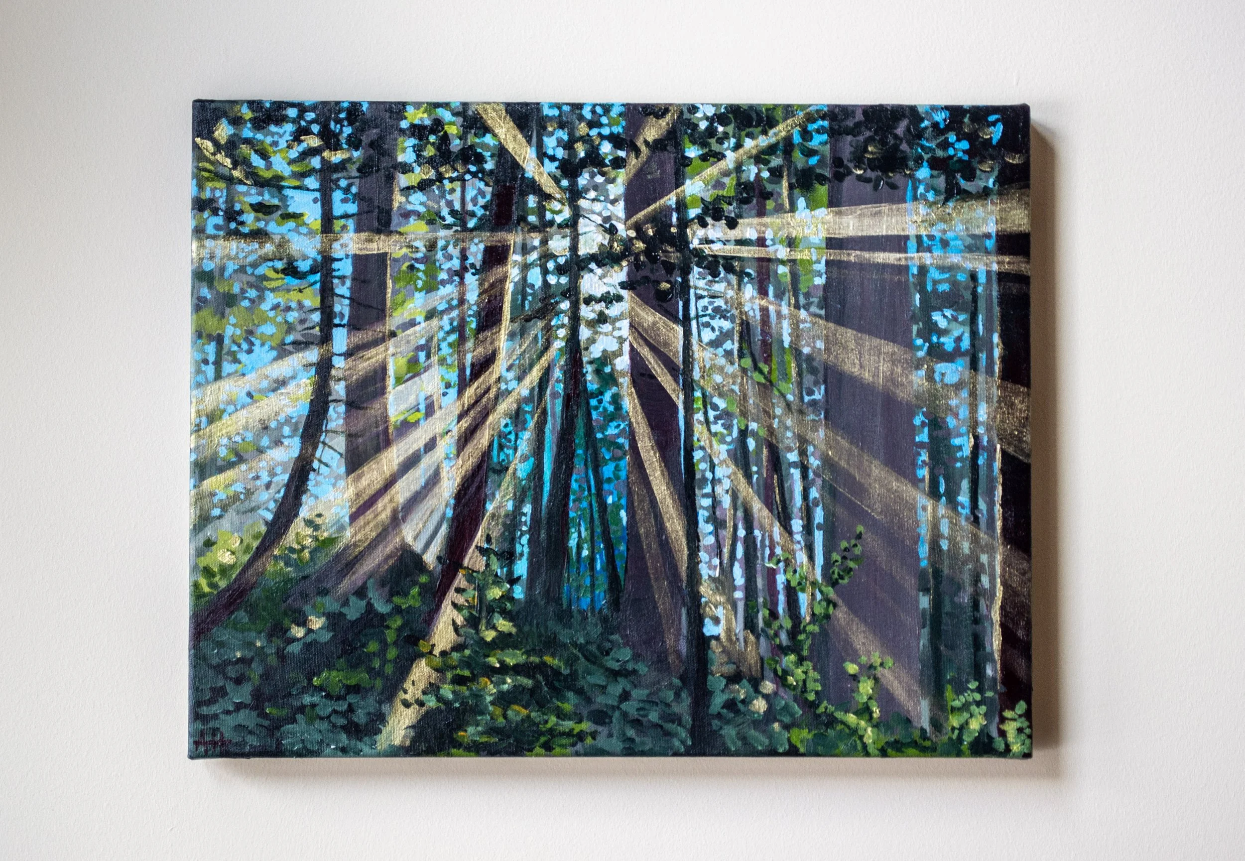 Painting of a sunlit forest with tall trees and sunrays breaking through the canopy, illuminating the forest floor.