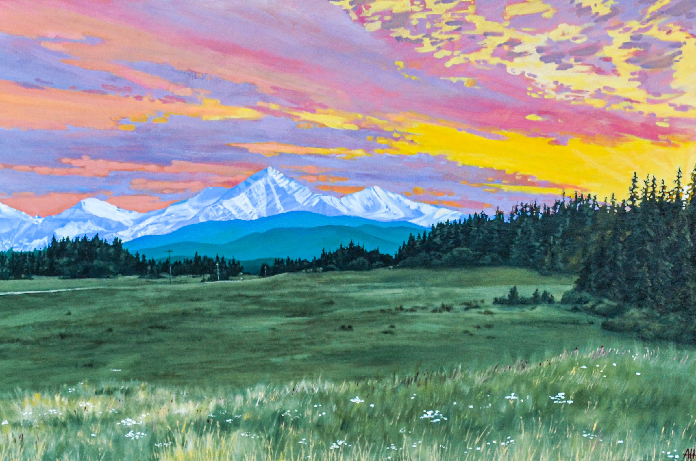 Landscape painting depicting snow-capped mountains, a green grassy field, and a colorful sunset sky with pink, orange, and yellow hues.