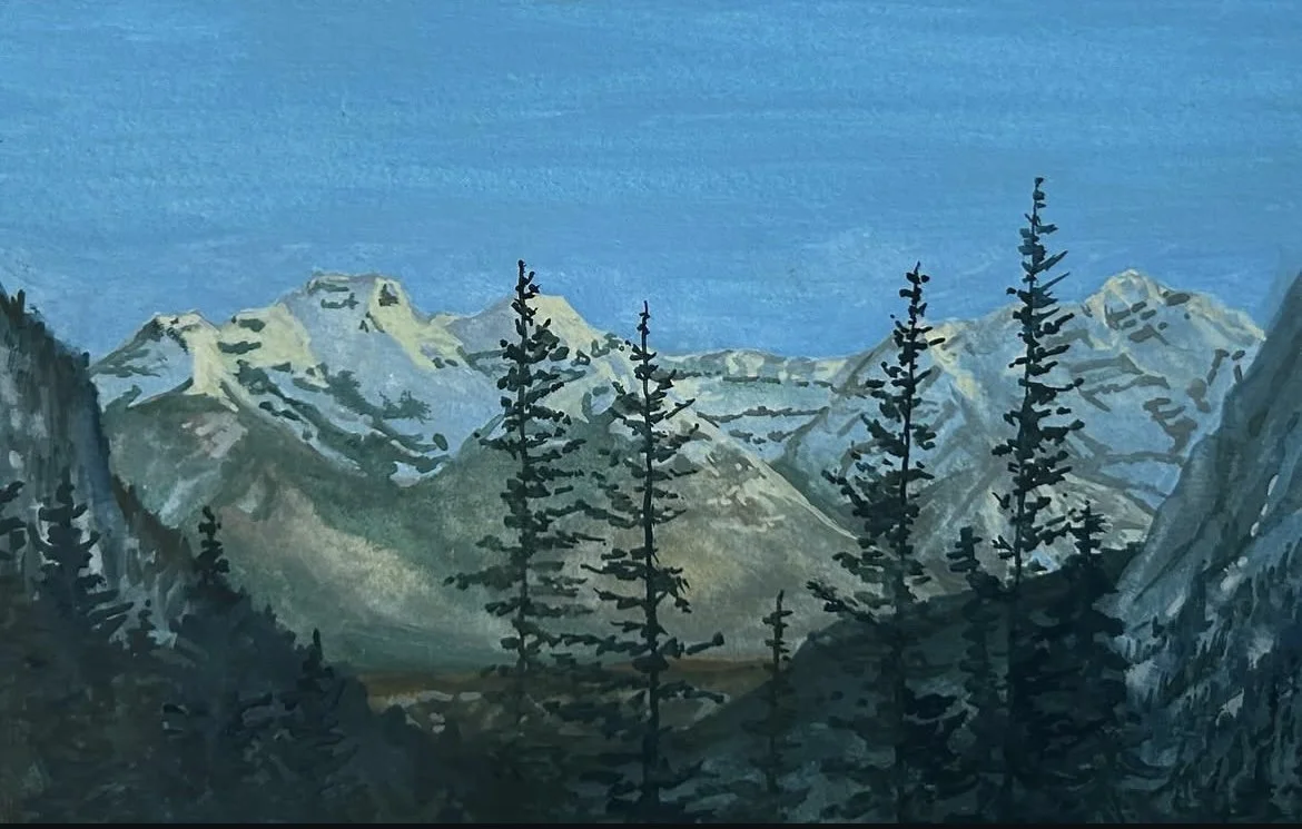 Painting of mountains with snow caps and tall pine trees in the foreground against a blue sky.