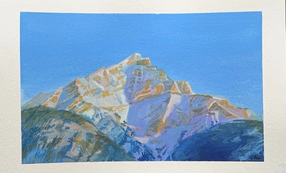 Painting of a snow-capped mountain under a clear blue sky in pastel colors.