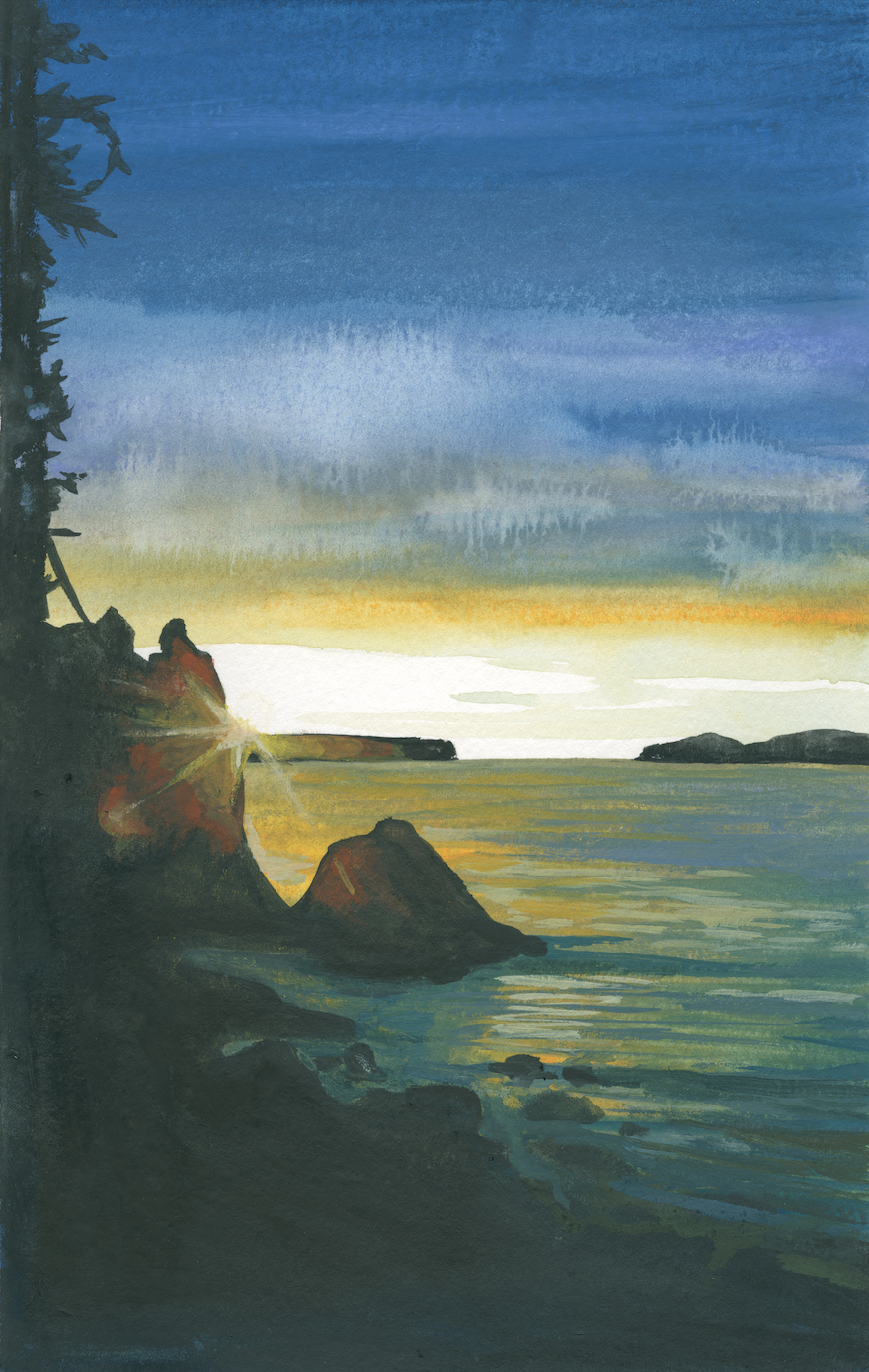 Scenic coastal sunset with rocky cliffs, calm sea, and colorful sky.