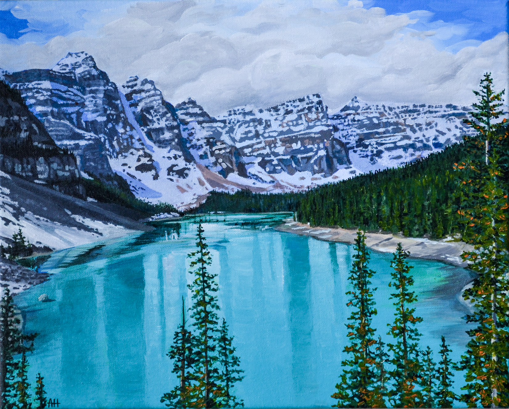 Painting of a turquoise lake surrounded by pine trees and snow-covered mountains under a cloudy sky.