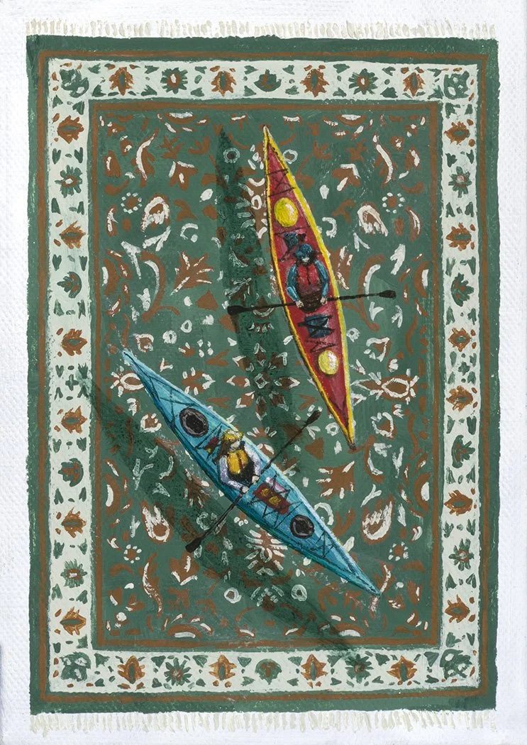 Illustration of two kayaks on a decorative patterned background resembling a woven rug.