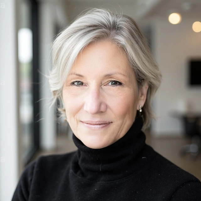 A mature woman with short gray hair, wearing a black turtleneck, smiling gently in a well-lit indoor setting.