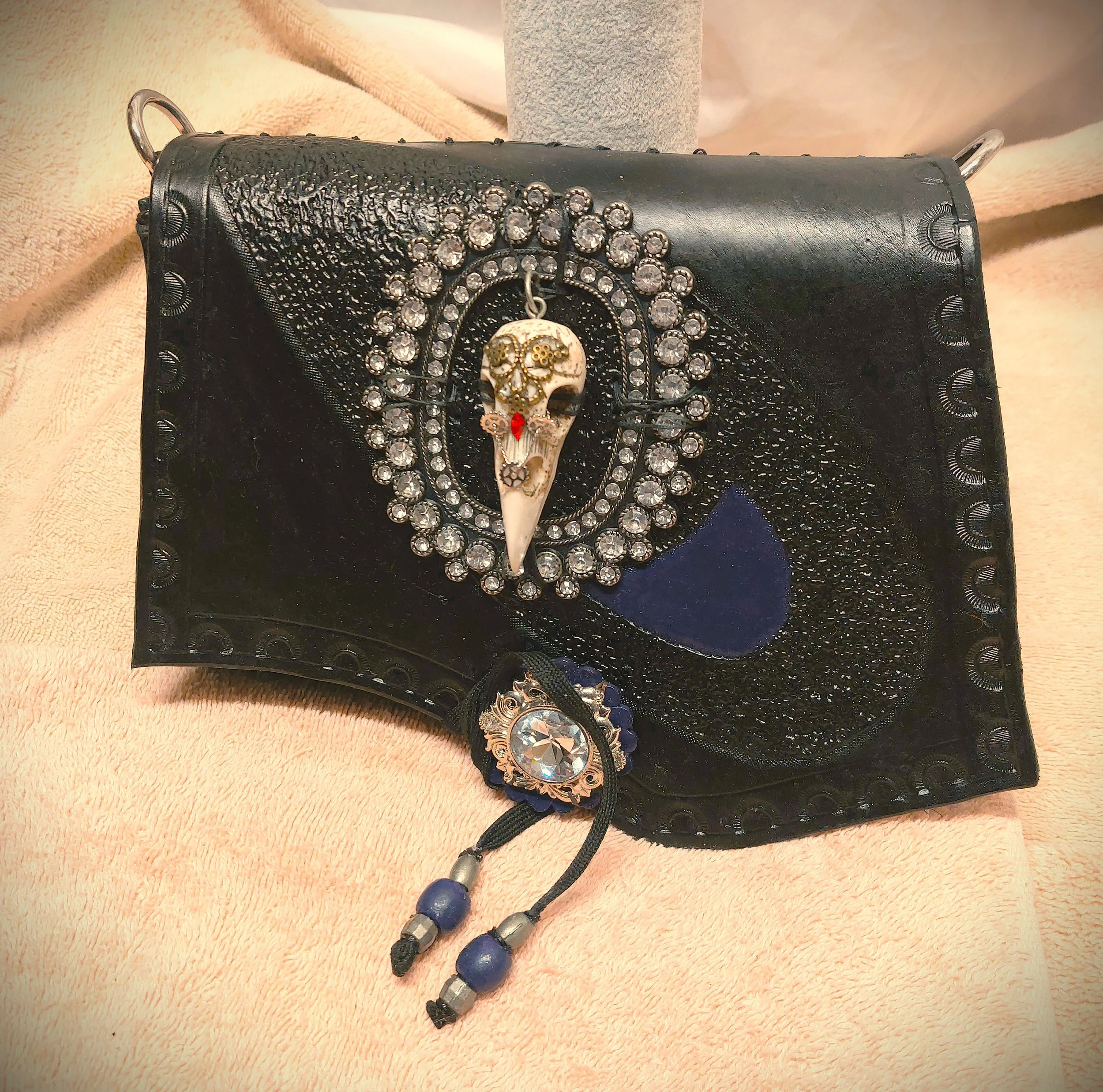 Rhinestone Frame with Raven Skull 3-D Resin Sculpt on Black Leather  Purse/Pouch
