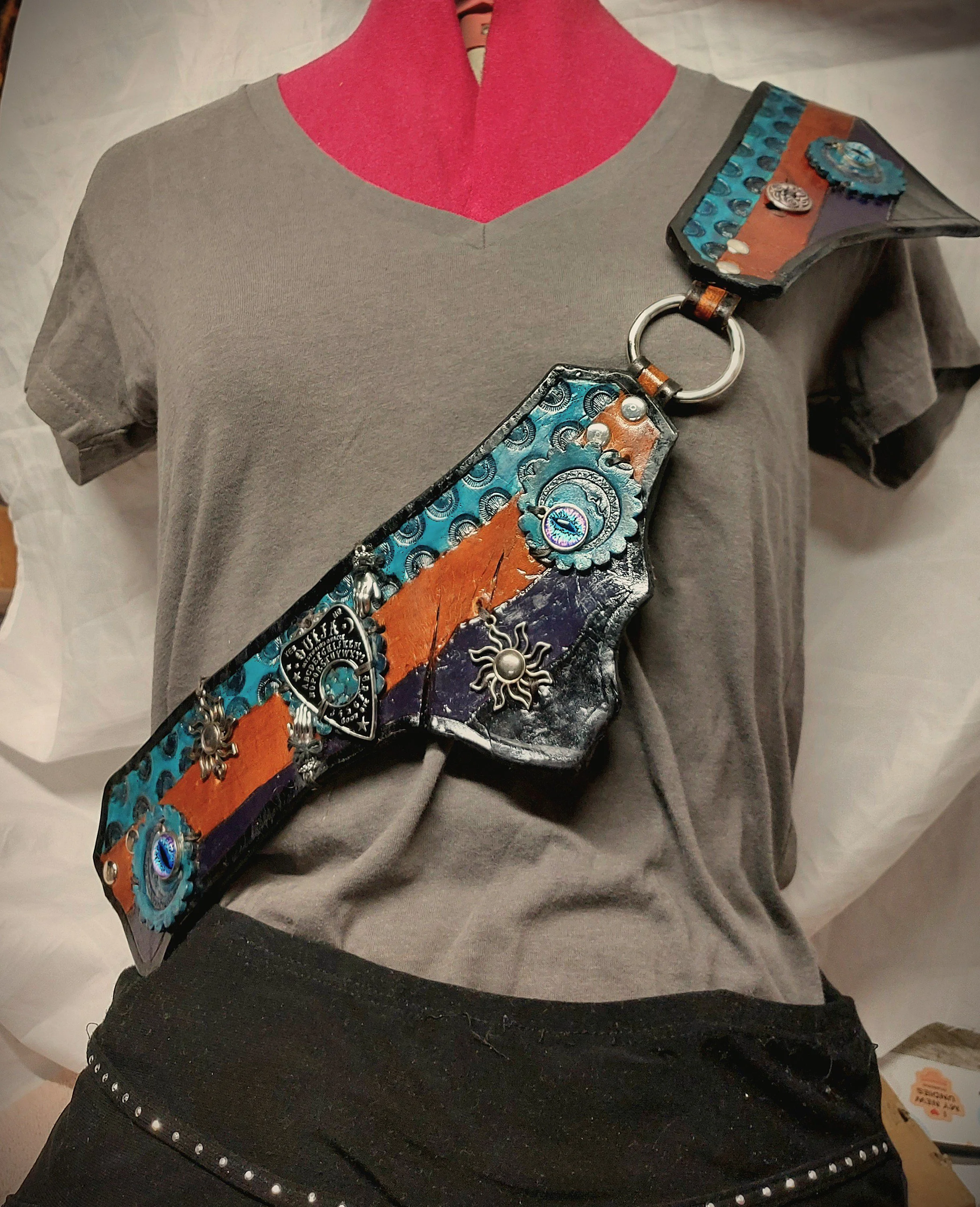 Unique Natural Edged Teal, Brown and Black "Charmed" Ring and Panel Baldric/and or Belt