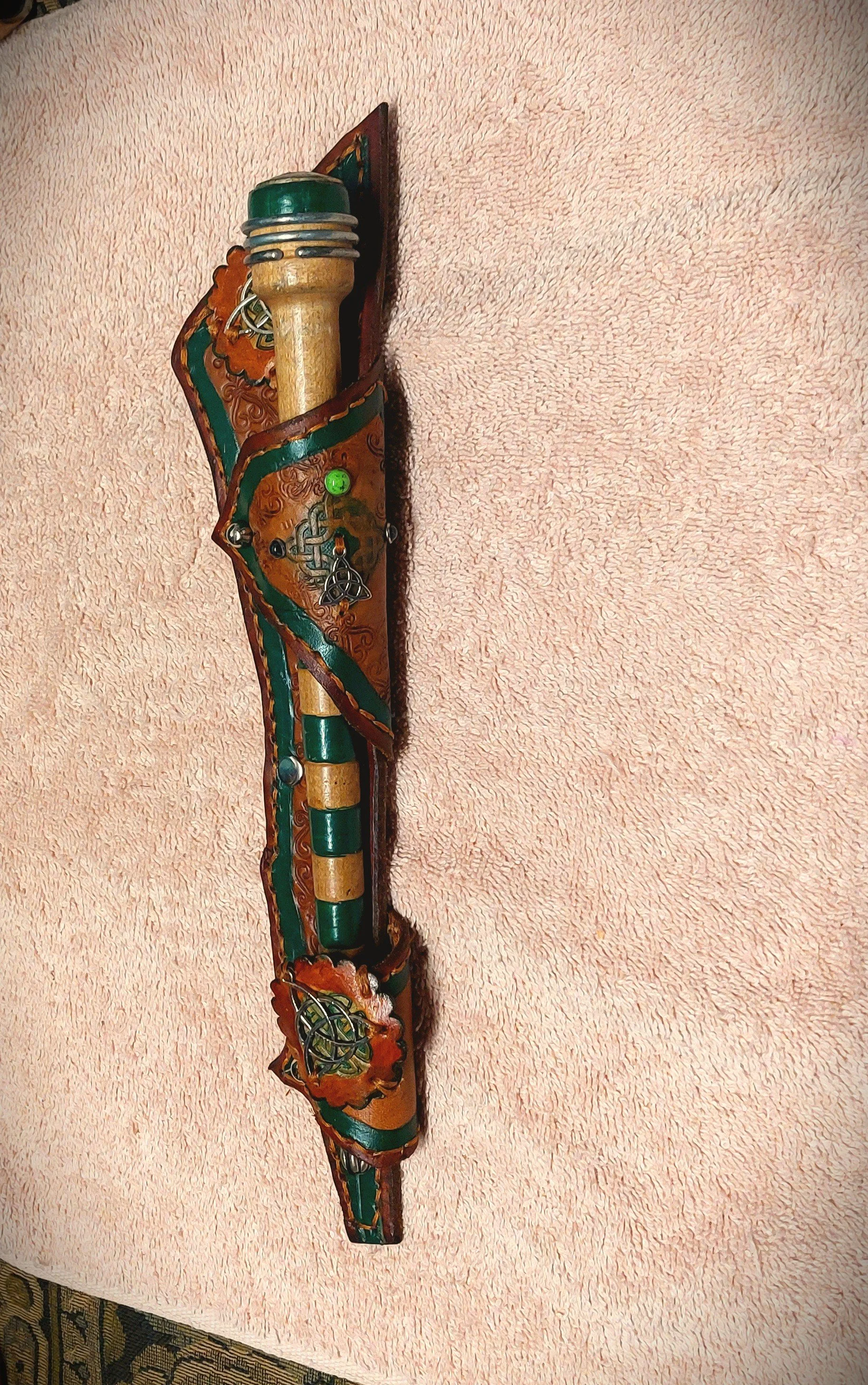 Unique Tan Celtic Knots With Triquetras Holster and Green Stripe Blonde Wood Screwdriver Set