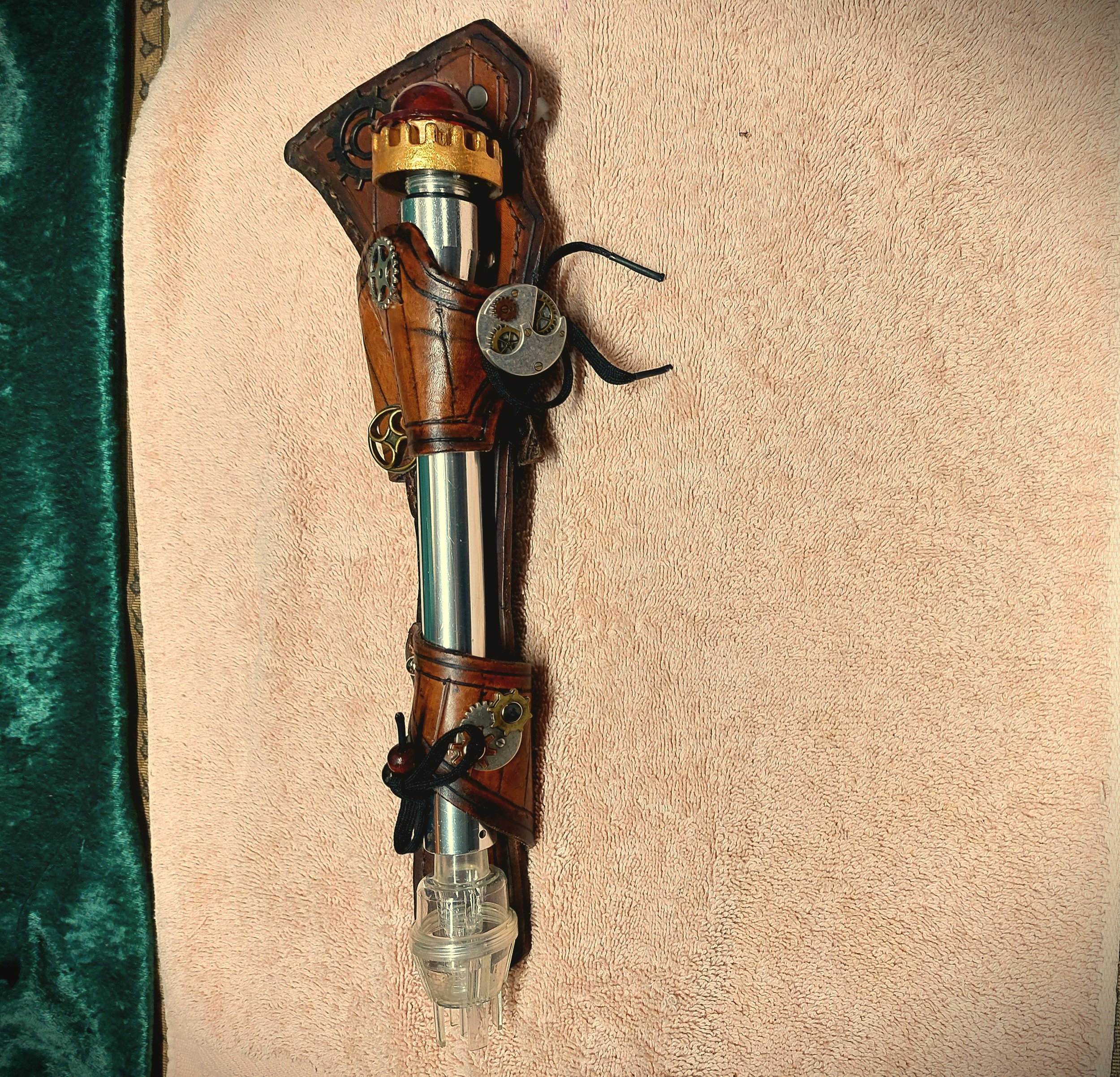 Unique Java Brown Line Embossed Leather "Gears" Holster and Recycled Parts Steampunk Sonic Screwdriver Set
