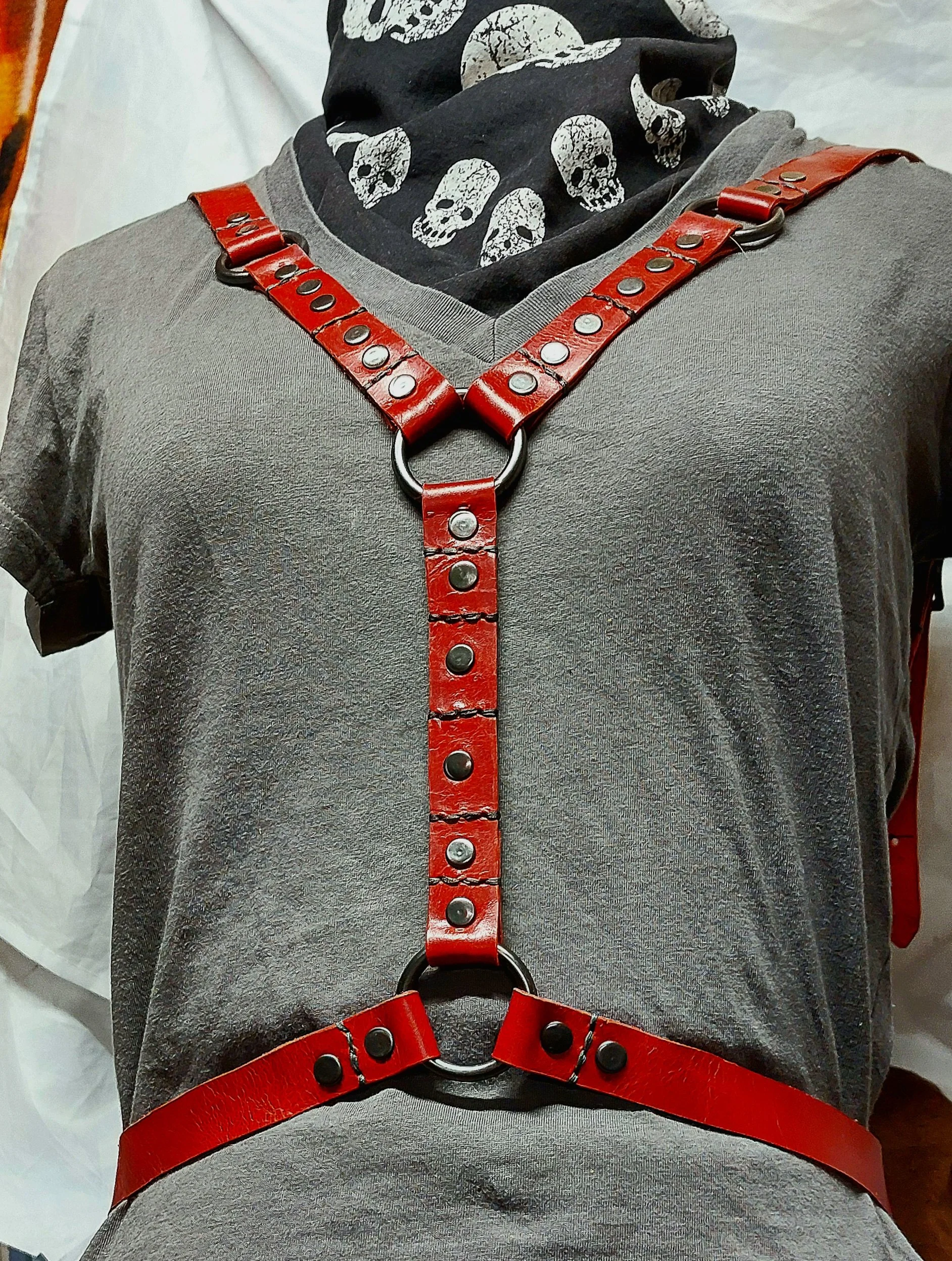 Leather Harness for Fashion/Cosplay Size Larger Variation Textured Red with Gunmetal Hardwaere and Dark Grey Stitching