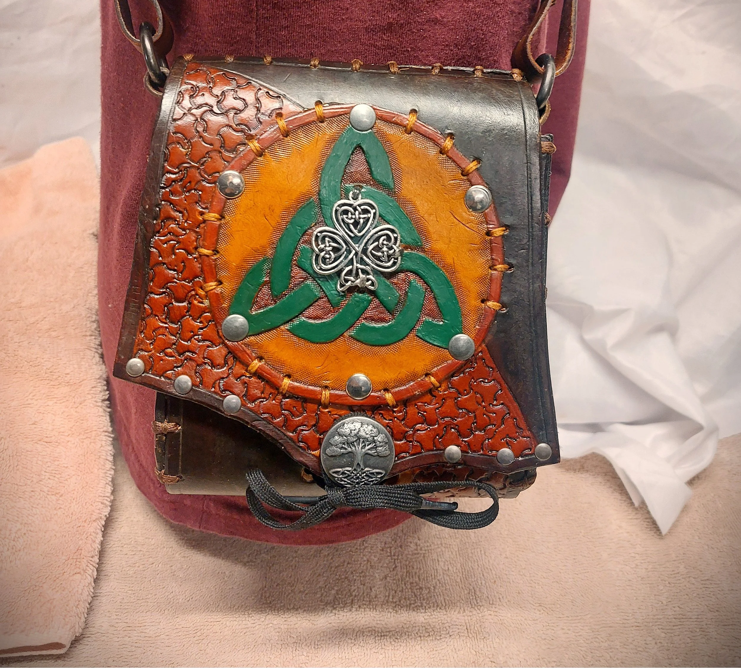 Green Celtic Tooled Triquetra on Smaller Tan and Brown Purse/Pouch with Coordinating Strap