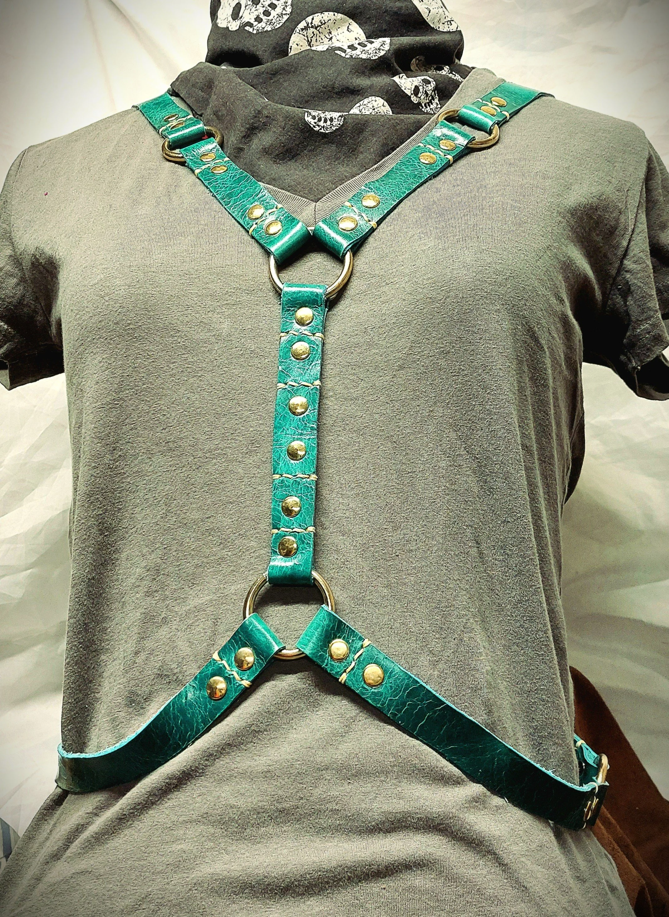 Leather Harness for Fashion/Cosplay Size Larger Variation Textured Jade Green with Brass Hardware and Cream Stitching