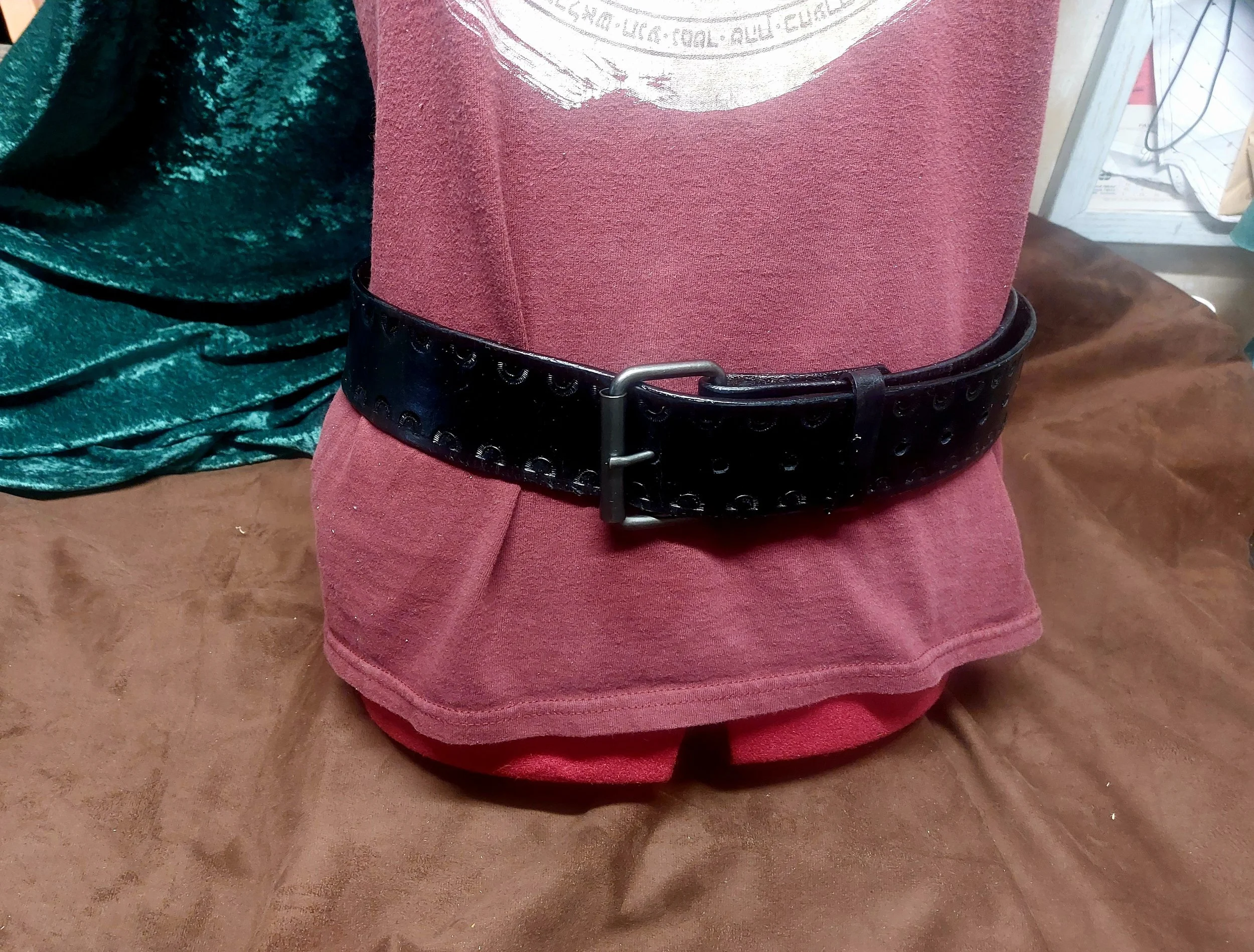 Black Sunburst Border Stamped Simple Leather Cowhide Strip Belt 32" to 43"