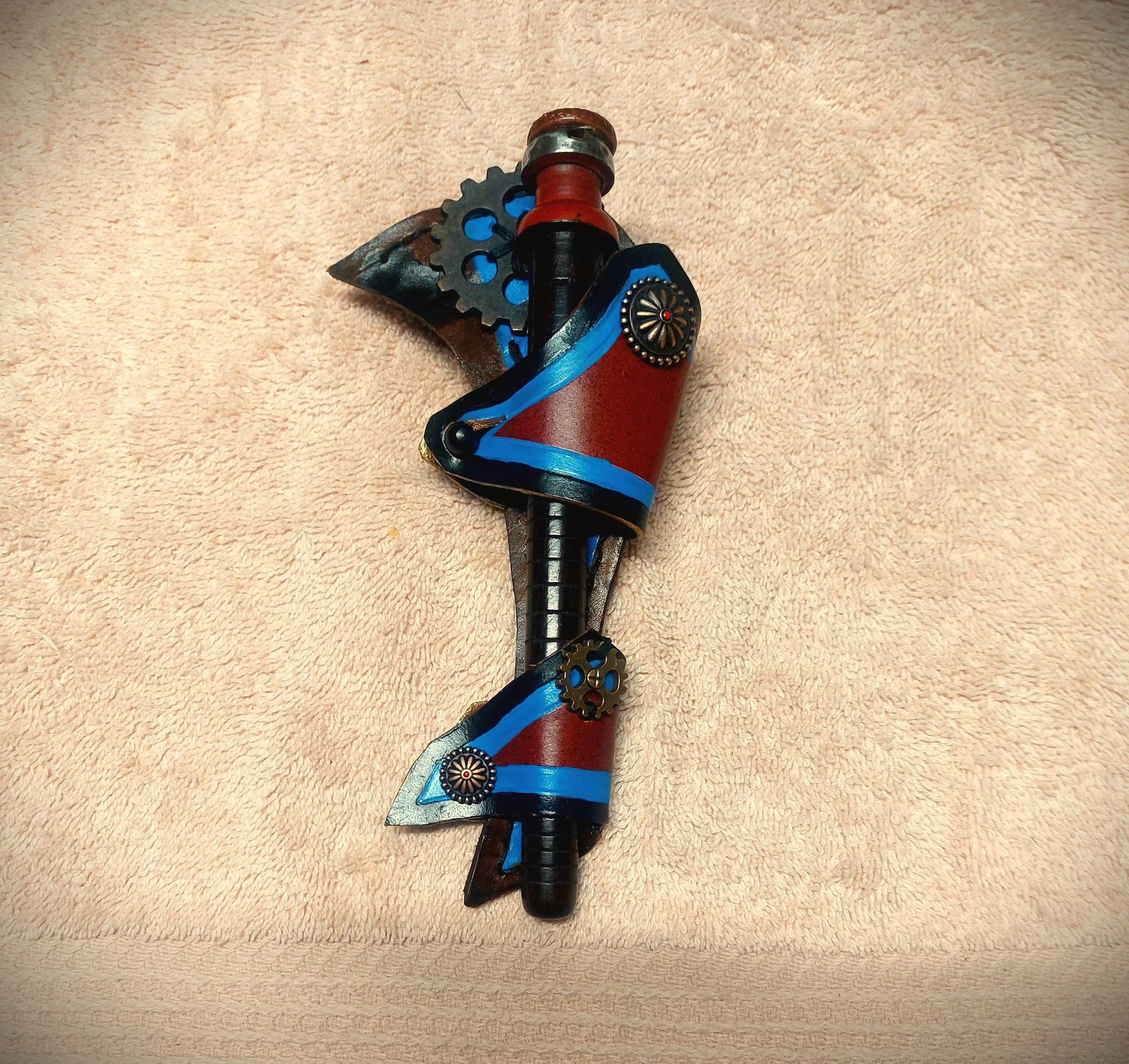Unique Spicy Brown with Black and Blue Stripes "Juniper" Concho Holster and Very Small Wood Sonic Screwdriver