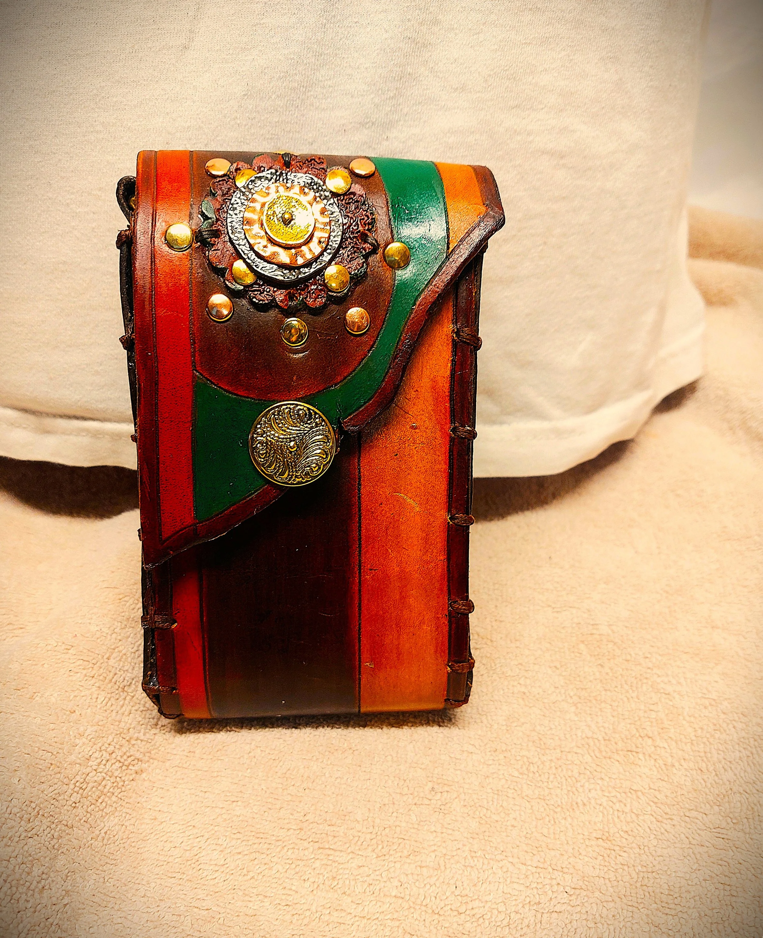 Natural Edge Green Tans Brown Leather  6" Long Cell Phone Belt Pouch with Buttons Concho Decor