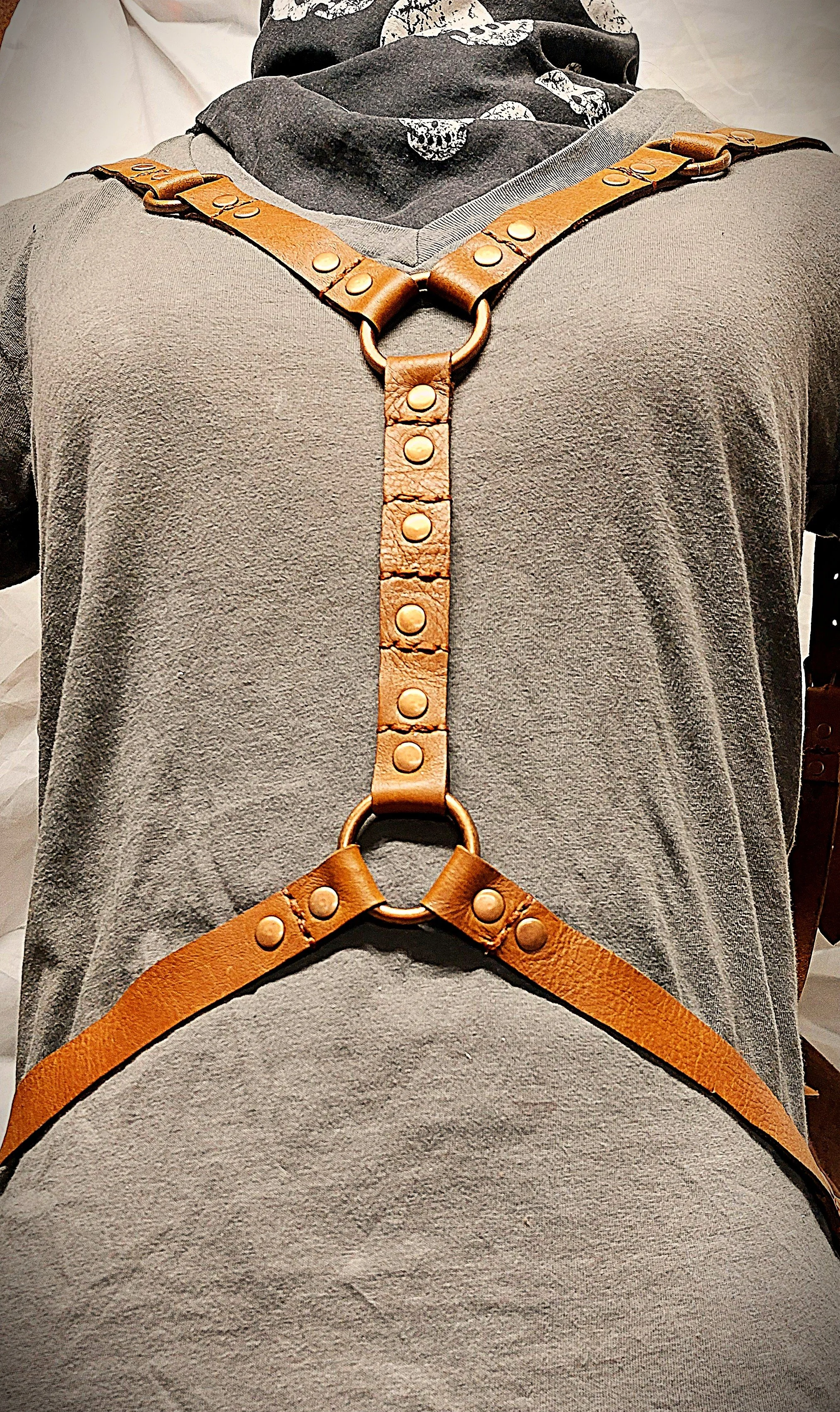 Leather Harness for Fashion/Cosplay Size Larger Variation Canyon Tan with Antique Copper Hardware and Brown  Stitching