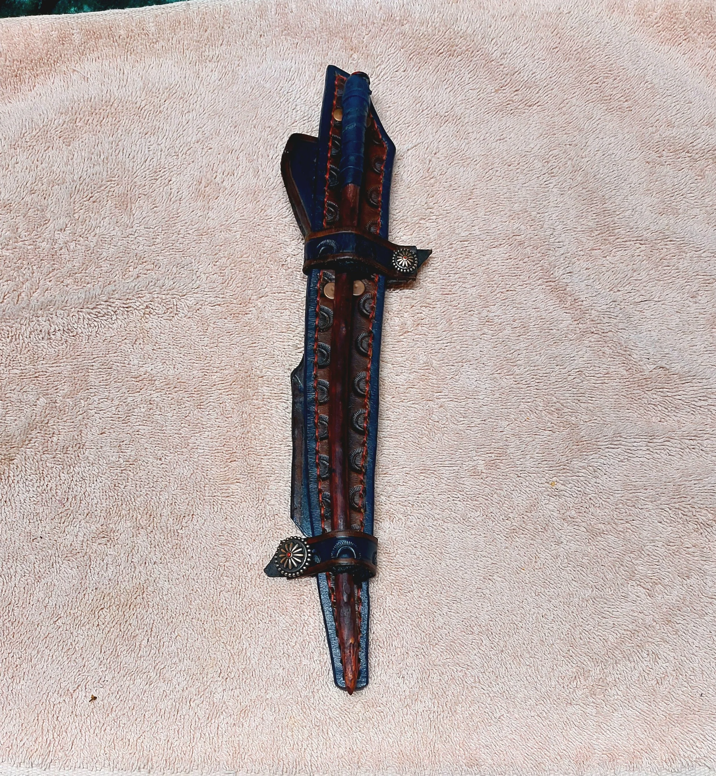 Unique Wand Holster and Backyard Wand:  Long Dark Brown and Navy Copper Juniper Conchos Holster and Oxblood and Navy Wand