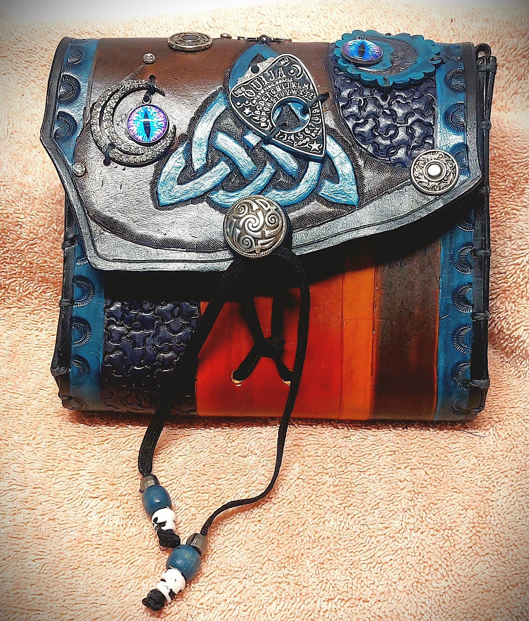 Unique Edge Flap Variety Browns, Teal "Charmed"  Veg Tan Pouch/Purse