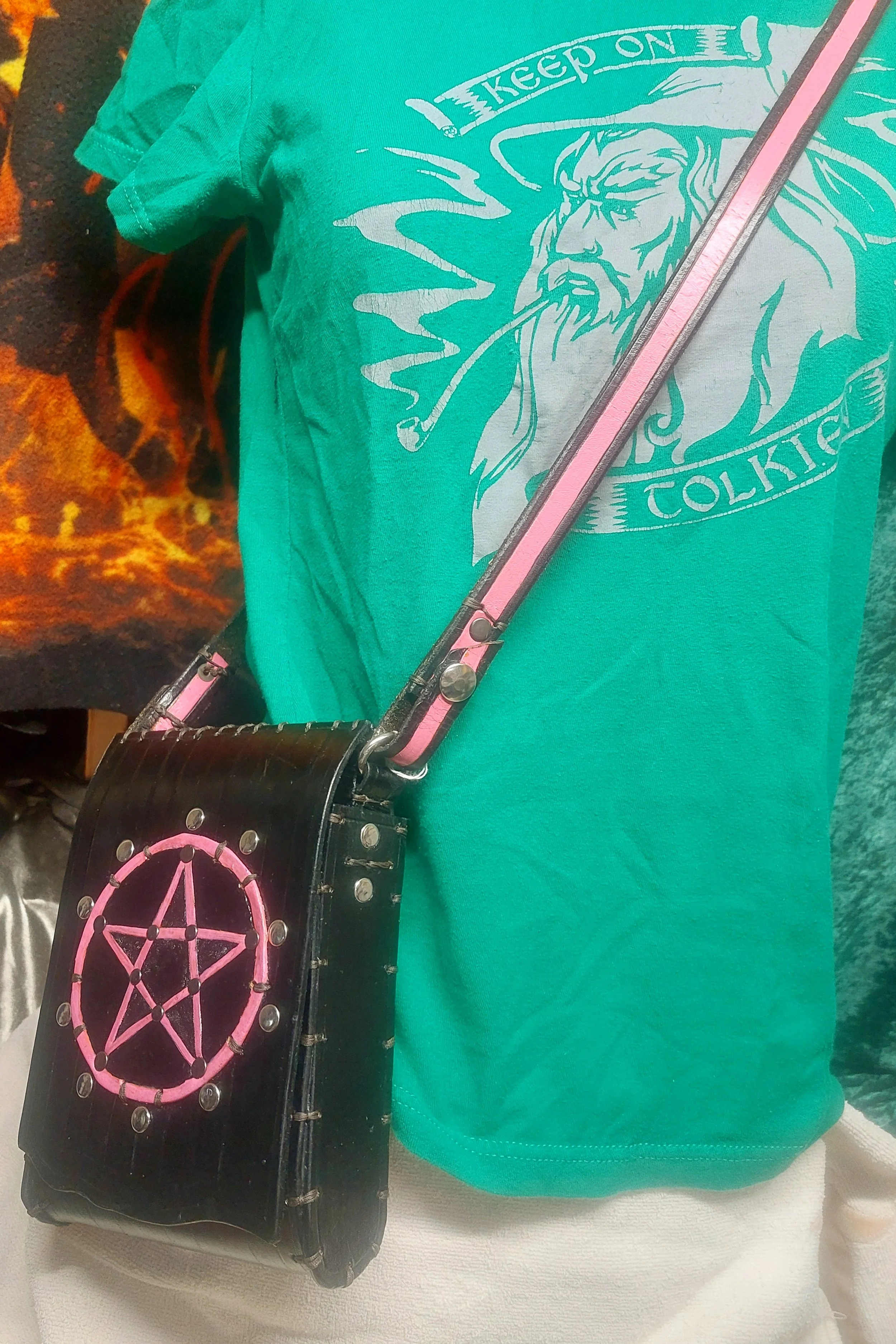 Tooled Pink Pentacle  Black Ribbed Purse/Pouch Set with Matching Strap/Belt