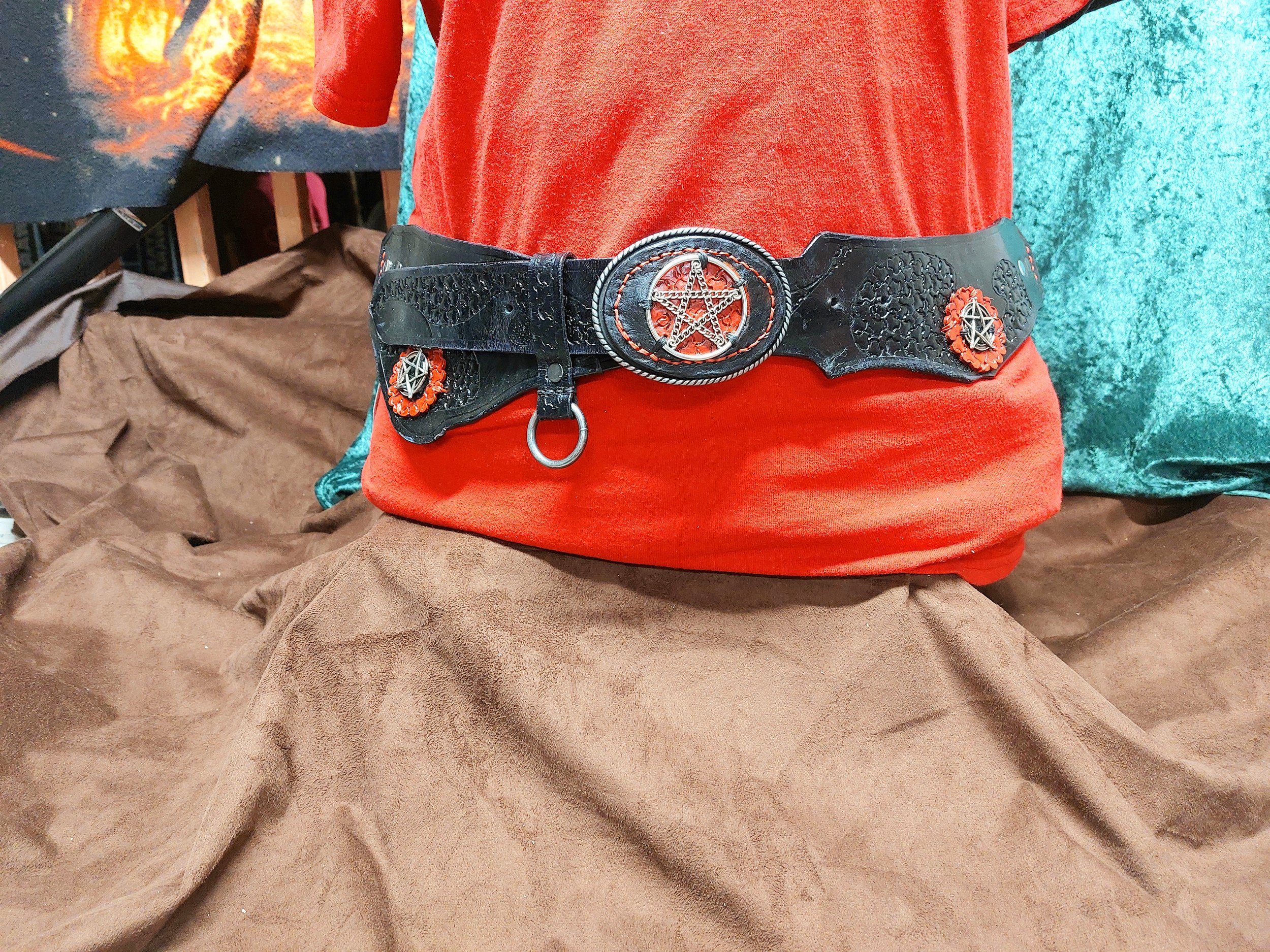 Black Textured, Red Accents Deluxe Ring and Panels  Belt with Pentacles