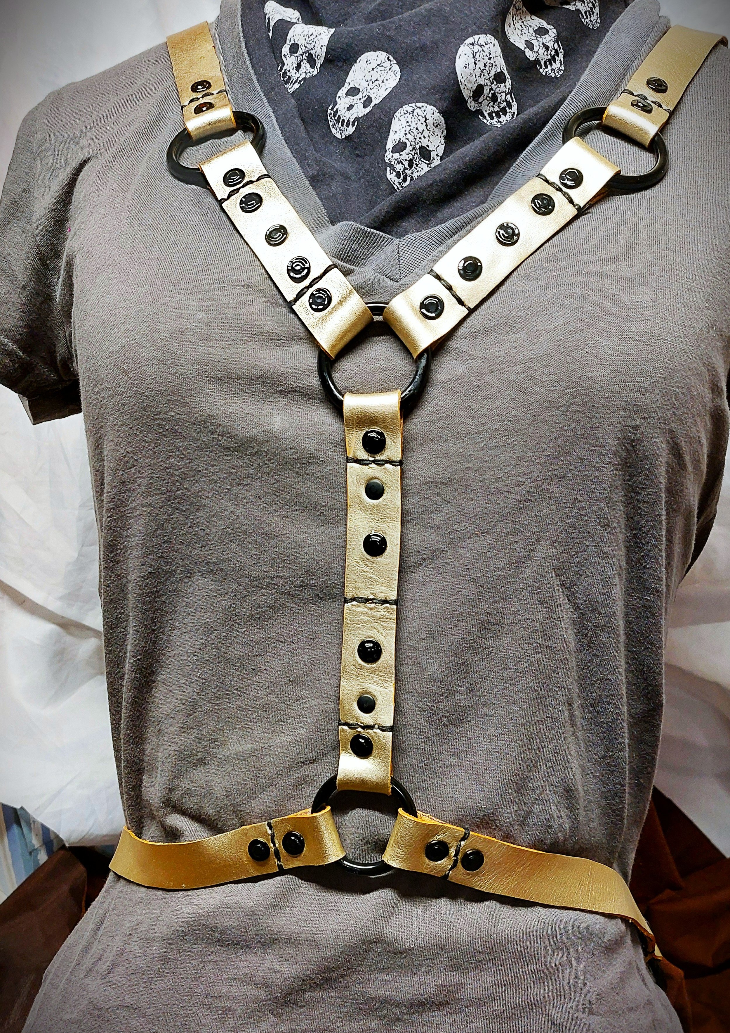 Leather Harness for Fashion/Cosplay Size Larger Variation Metallic Gold with Glossy Black Hardware and Black Stitching