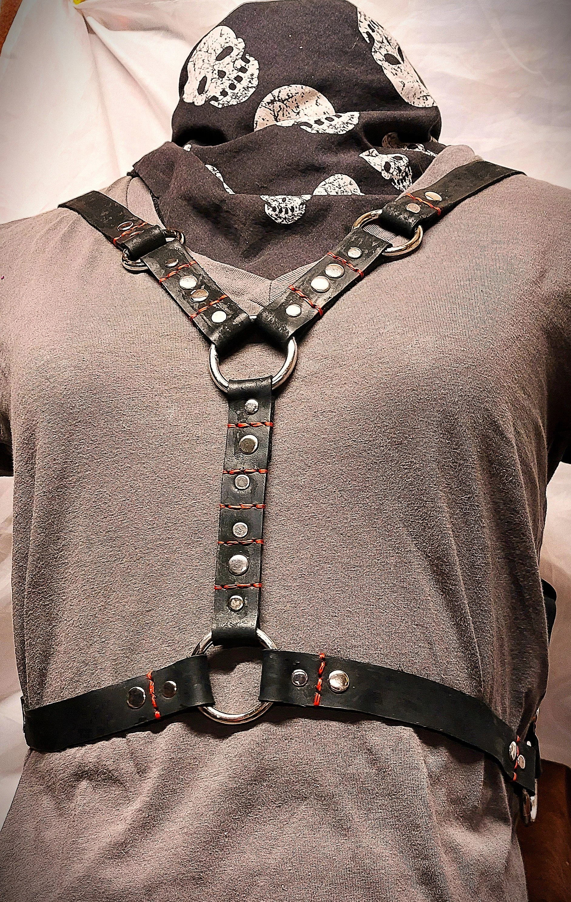 Leather Harness for Fashion/Cosplay Size Smaller Soft Black Nubuck Variation  with Nickel Hardware and Red Stitching