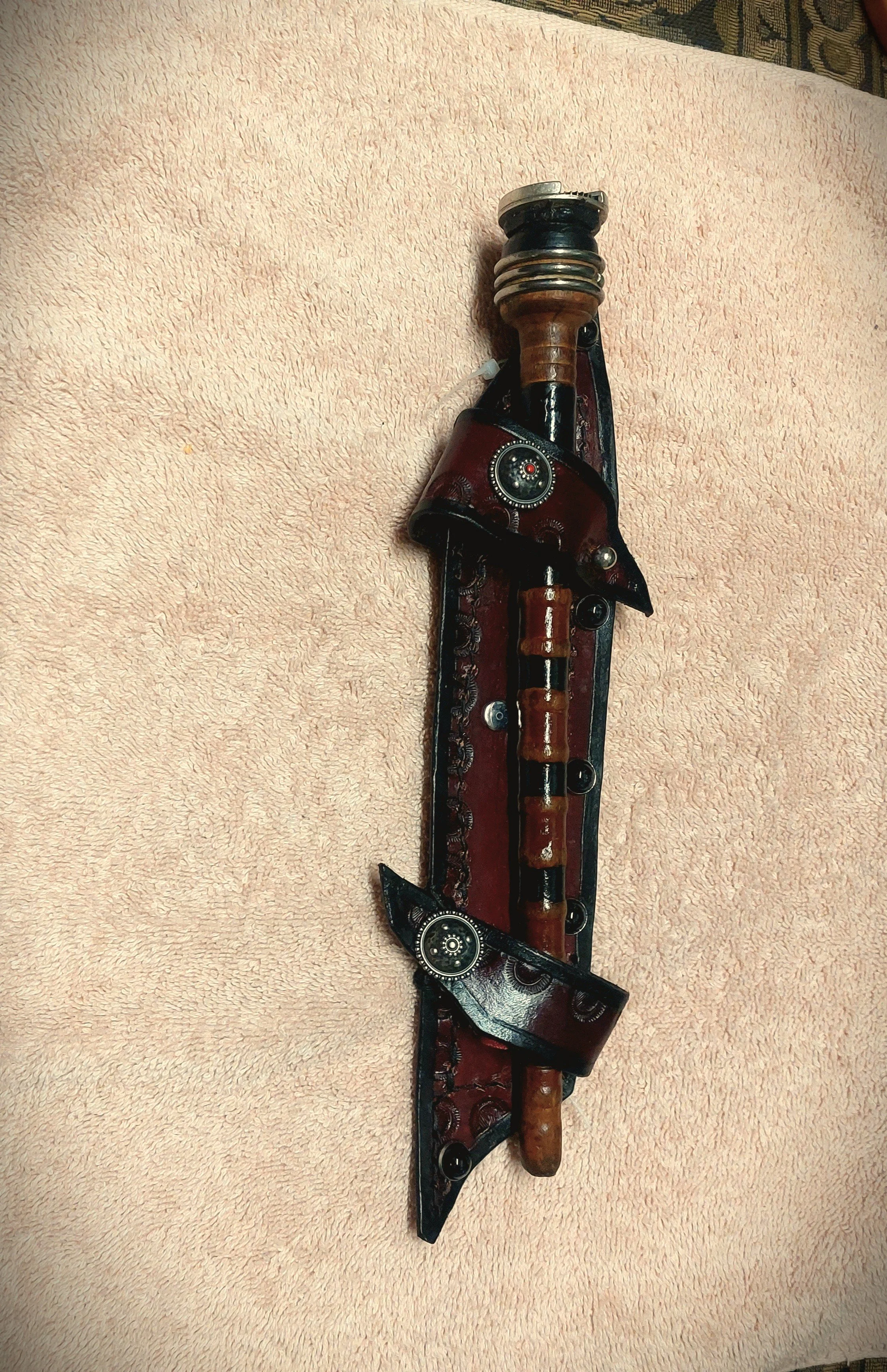 Unique Steampunk Black and Oxlood Holster With Wooden Black Tan Burgundy Stripes Sonic Screwdriver Set