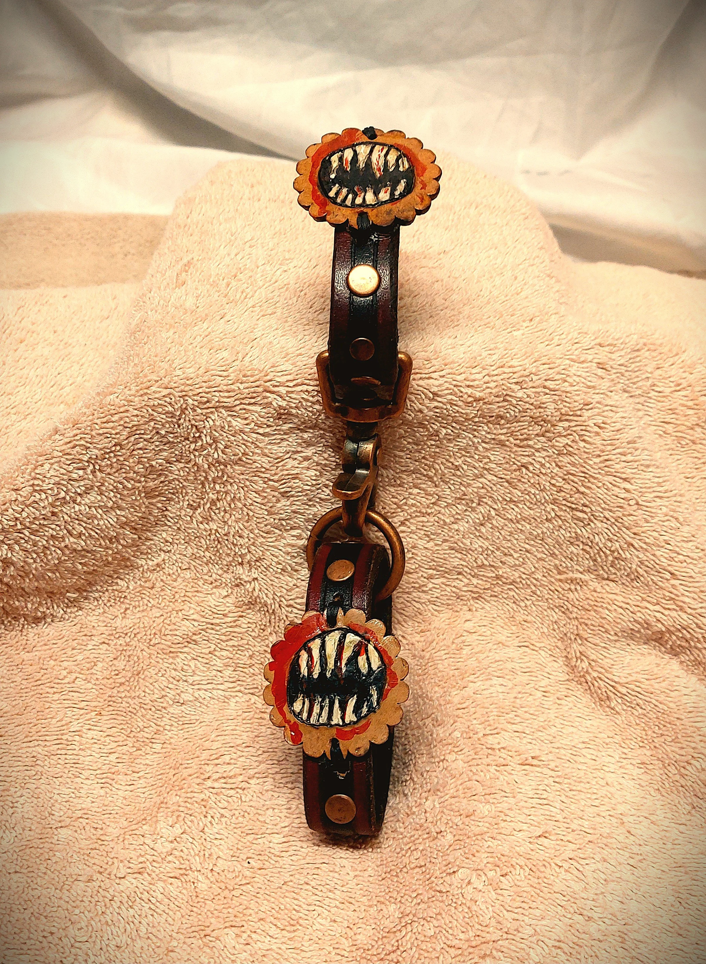 Carved, Painted "Monster Mouth" on Scalloped Conchos Belt Hangers--LeatherLoop  Handcuff Style