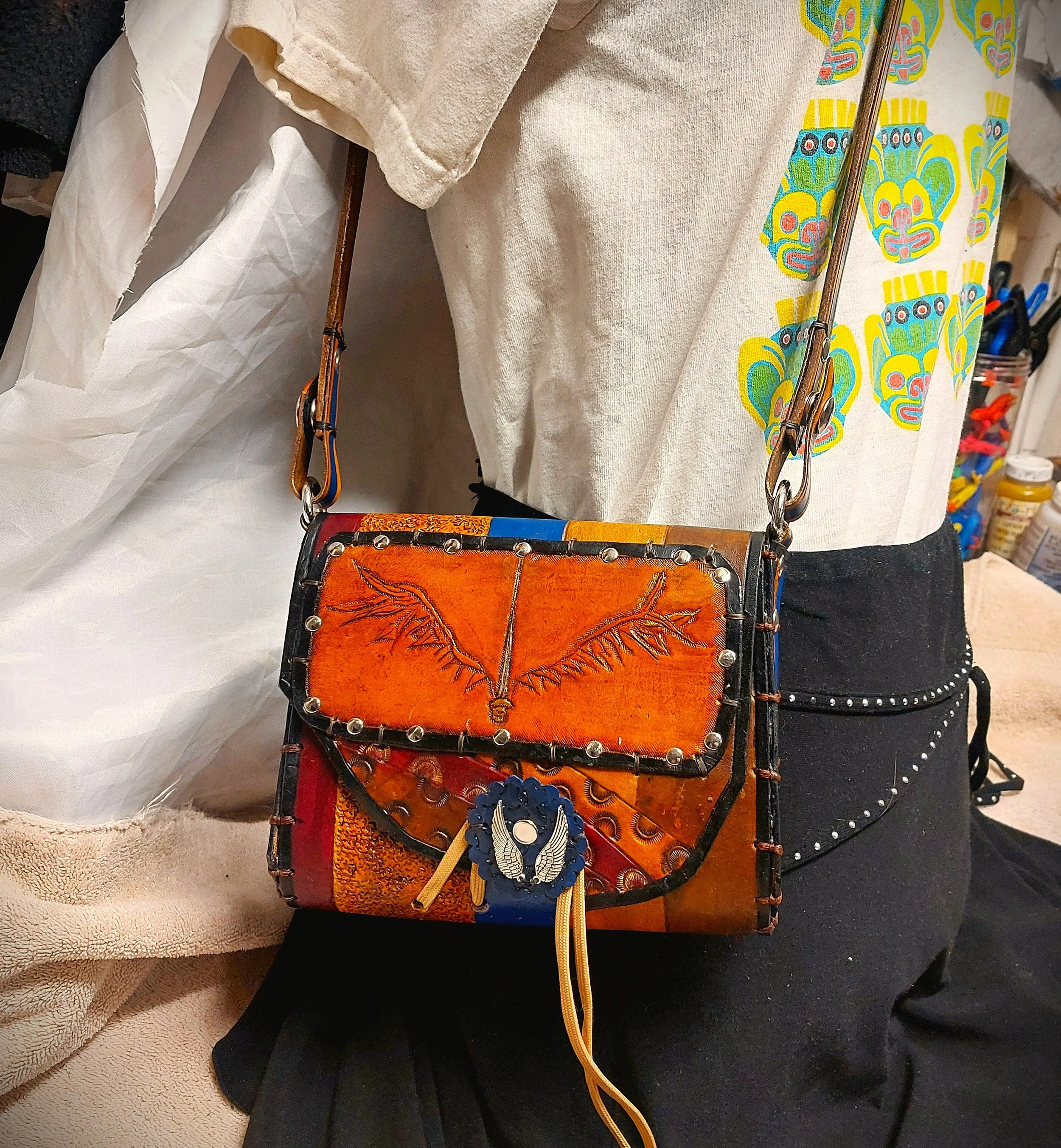 One of a Kind Carved Angel Blade Detail on Tans and Blue Purse/Pouch with Matching Belt/Strap