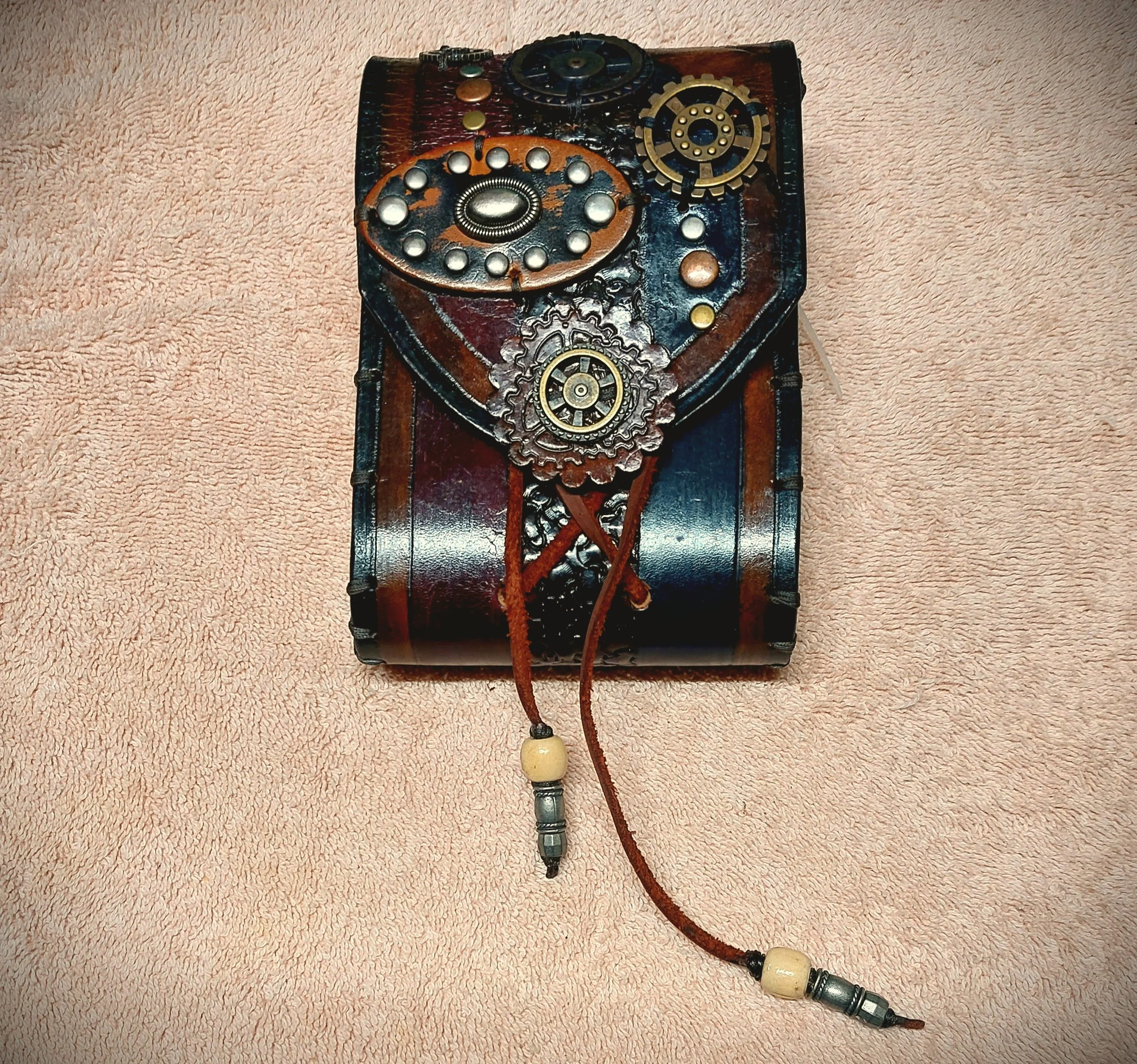 Old West Vibe Cogs and Rivets  Steampunk Wrap Closure Med Size Belt Pocket