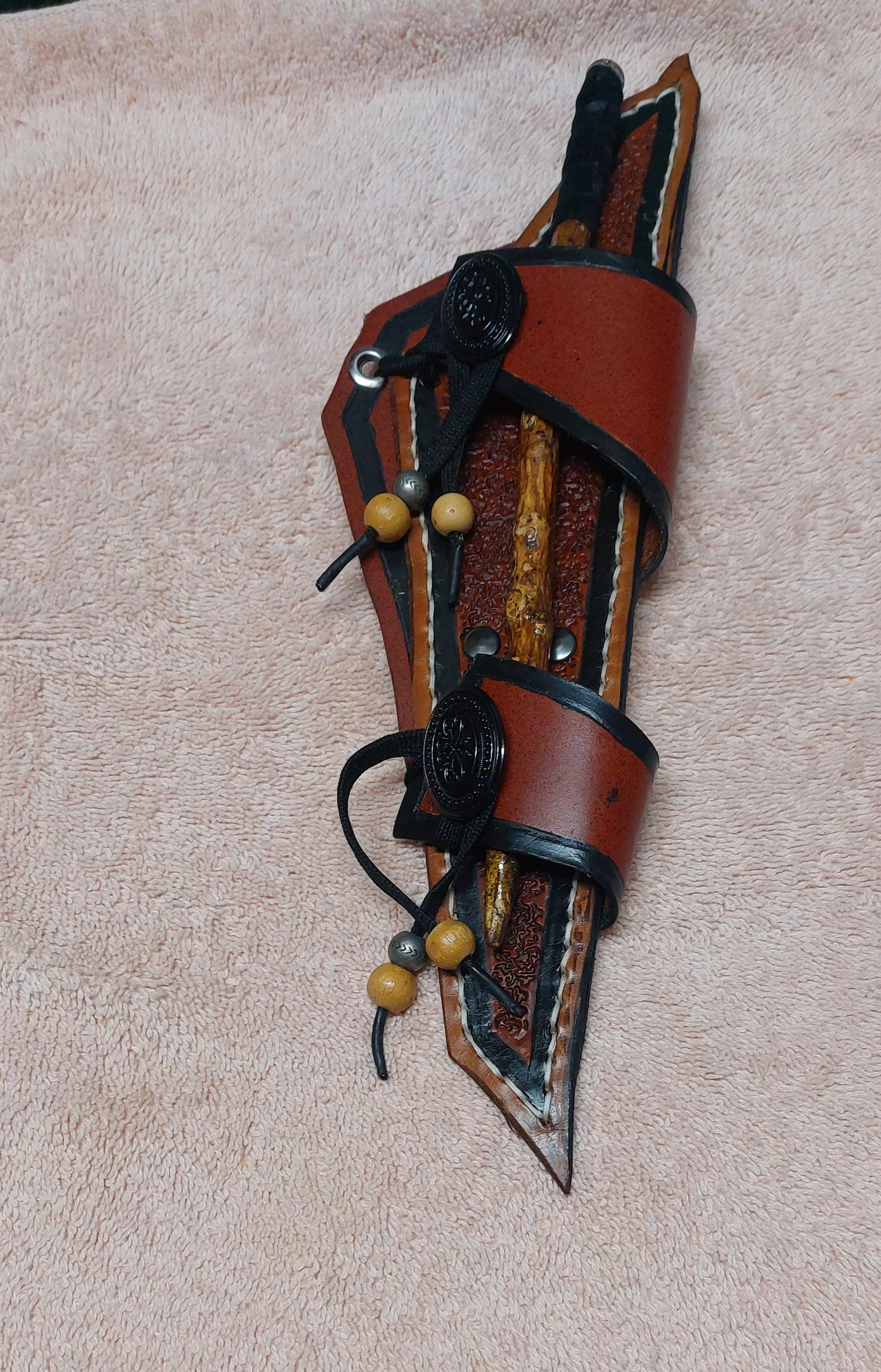 Unique Wand Holster and Backyard Wand Set:  Fancy Oval Black Floral Buttons Holster with Kobby Tan Wand