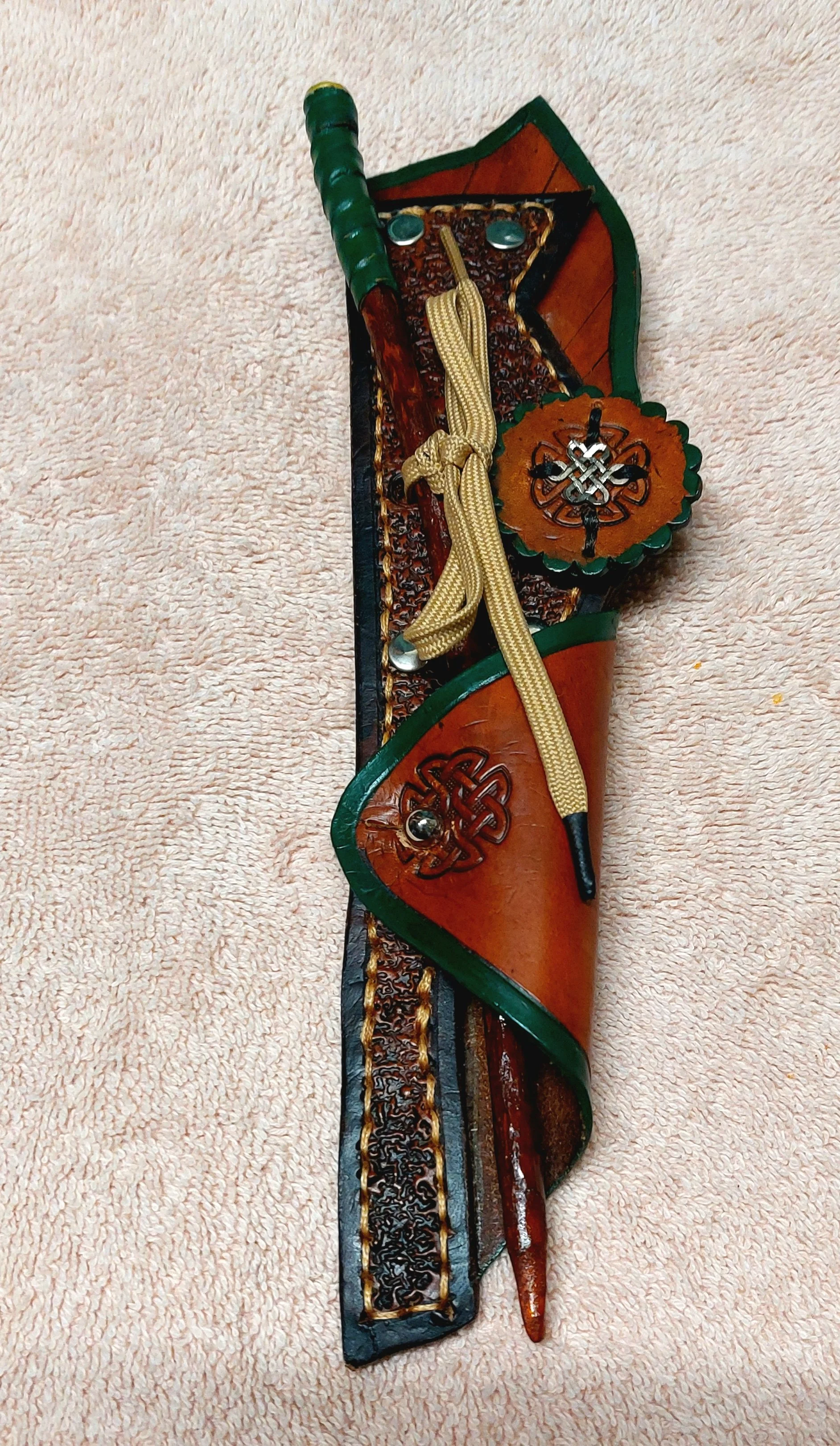 Unique Wand Holster and Backyard Wand Set:  Celtic Detail British Tans/Green Tie-In Holster and Orange/Brown Green Handle Wand