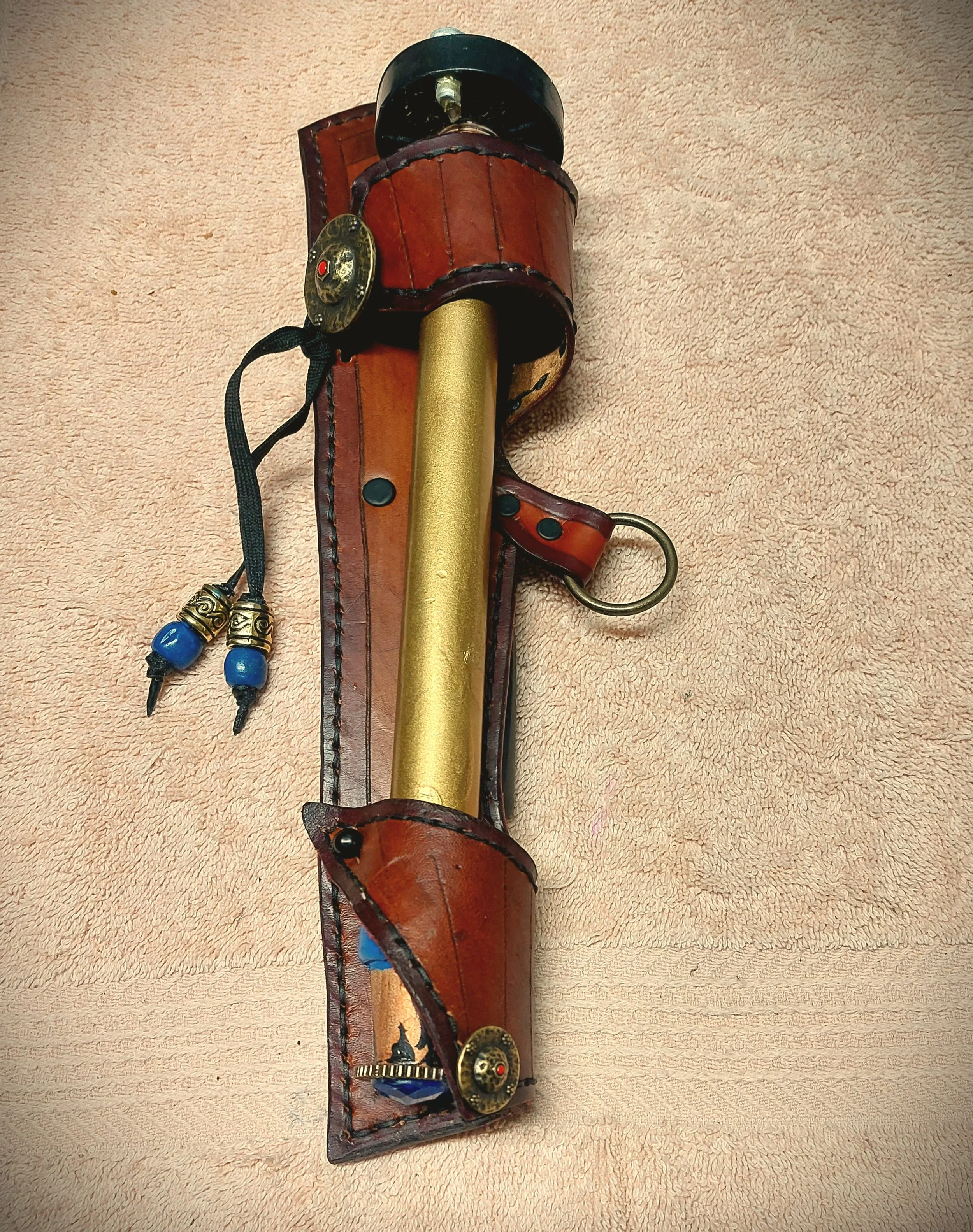 Unique Large British Tans Variety Holster with Brass Arlo Conchos and Gold, Royal, Recycled Parts SonicScrewdriver Set