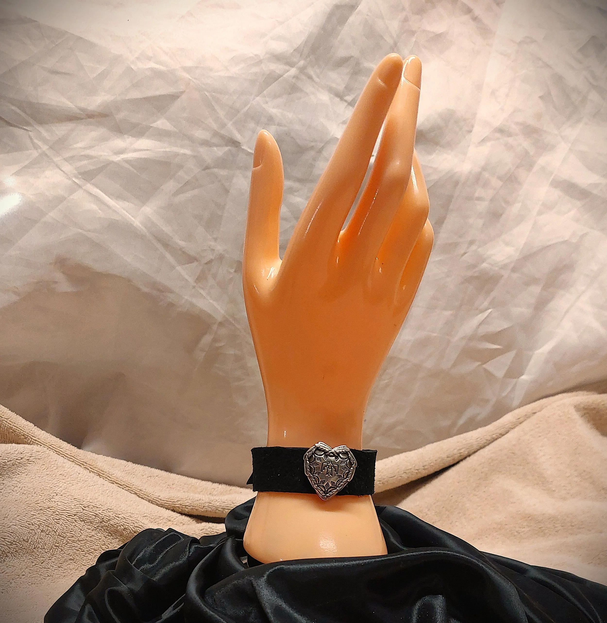 Southwest Heart with Thunderbird Concho on Narrow Black Suede Leather Band Two Snap Cuff